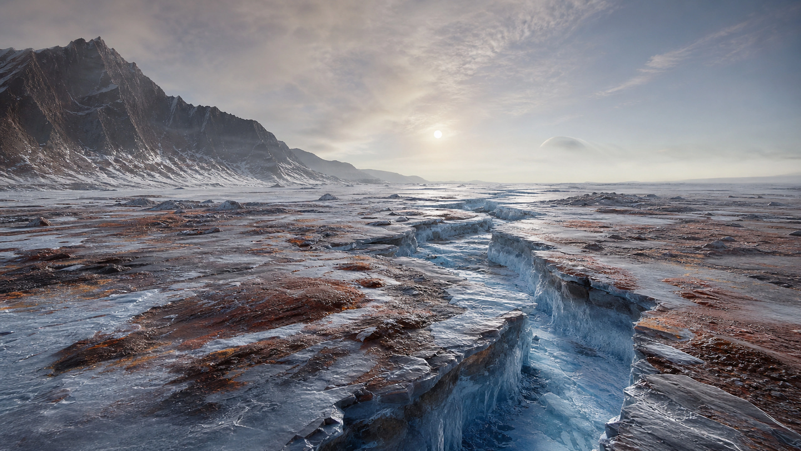 Iron-rich frozen plain cut by blue ice fissures under a pale distant sun, original 4K sci fi worlds wallpaper