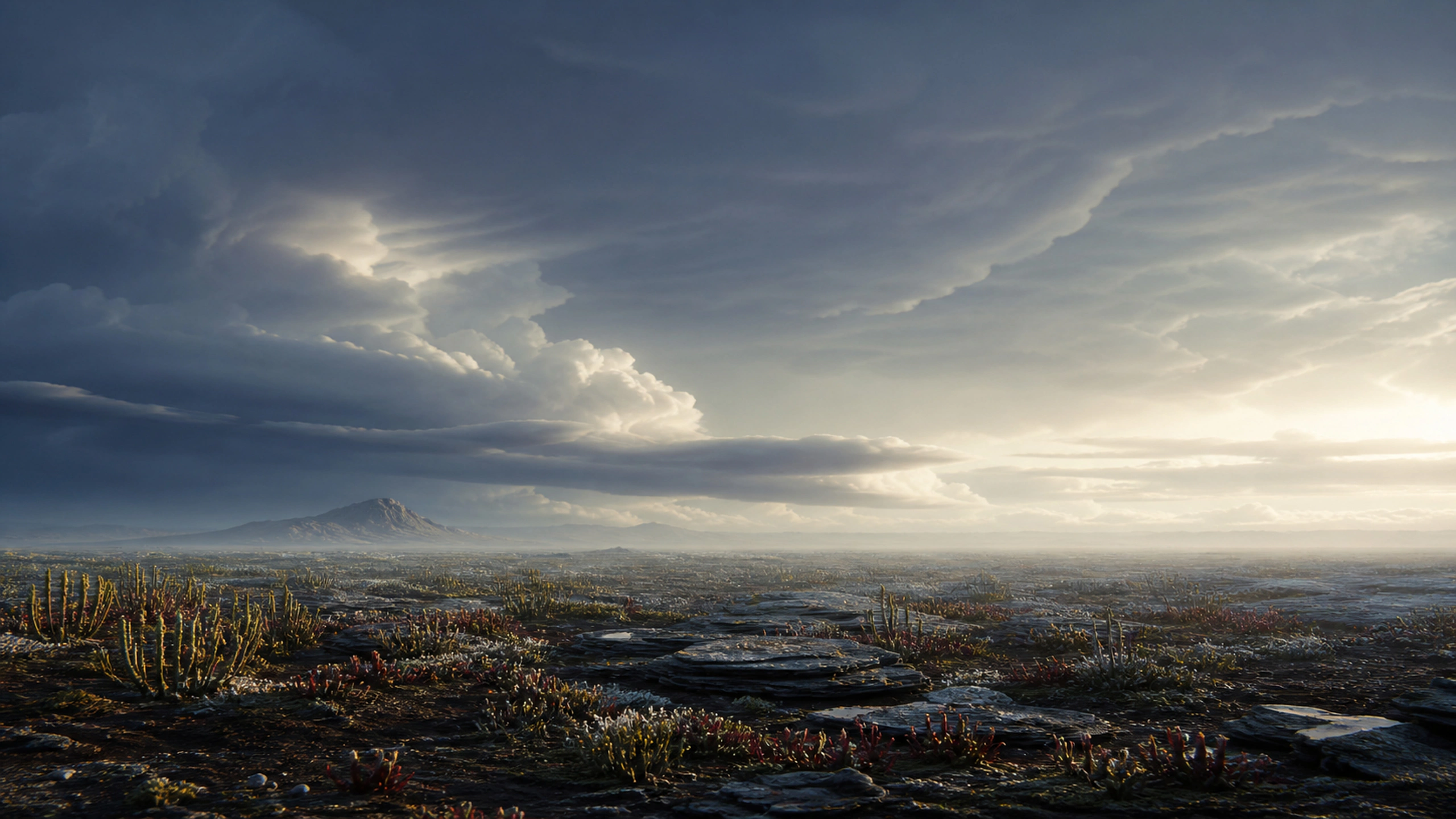 Strange but biologically plausible low vegetation beneath towering cloud layers, original 4K sci fi worlds wallpaper