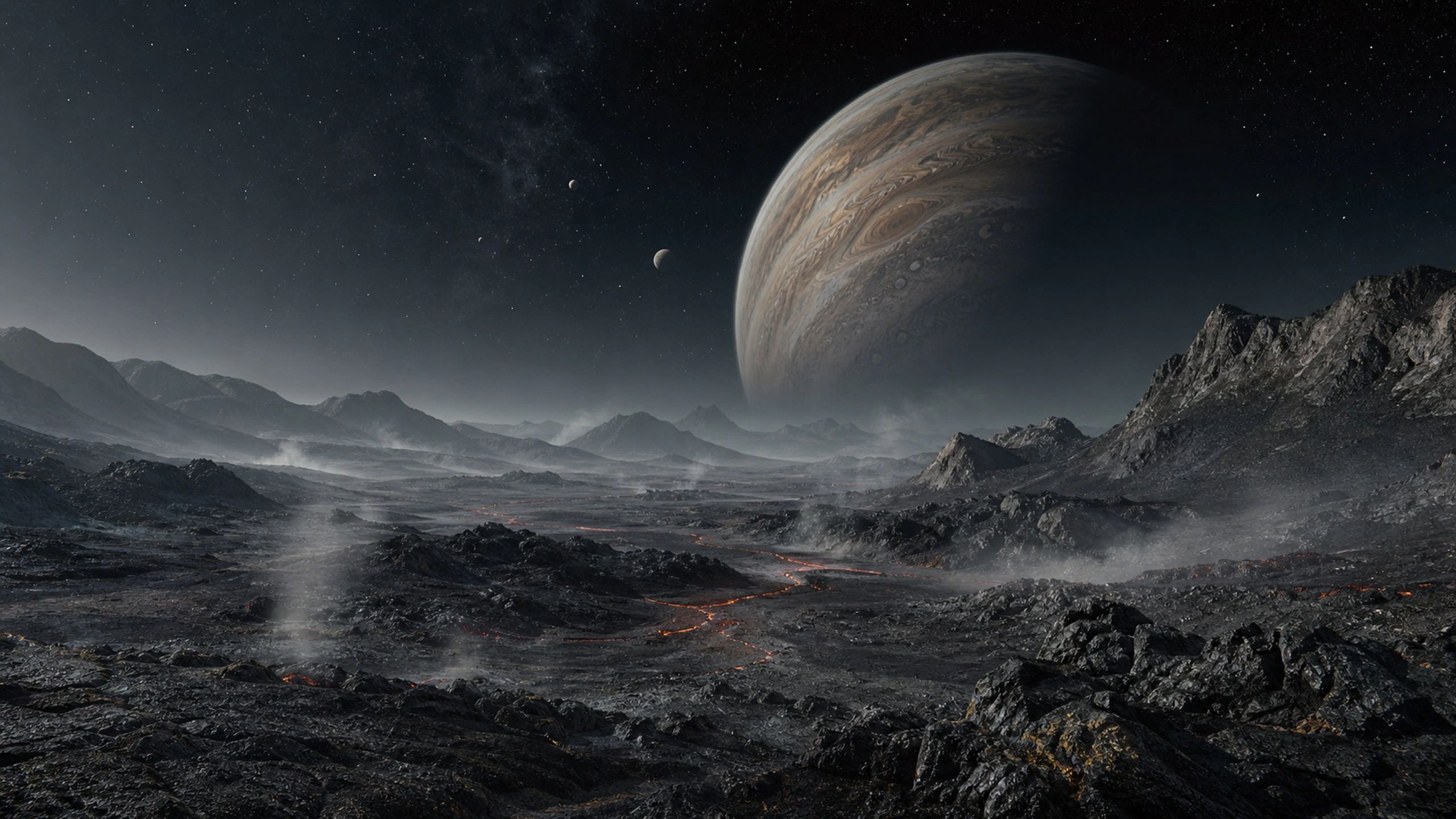 Black volcanic valley on a small moon with a giant parent planet above the horizon, original 4K sci fi worlds wallpaper
