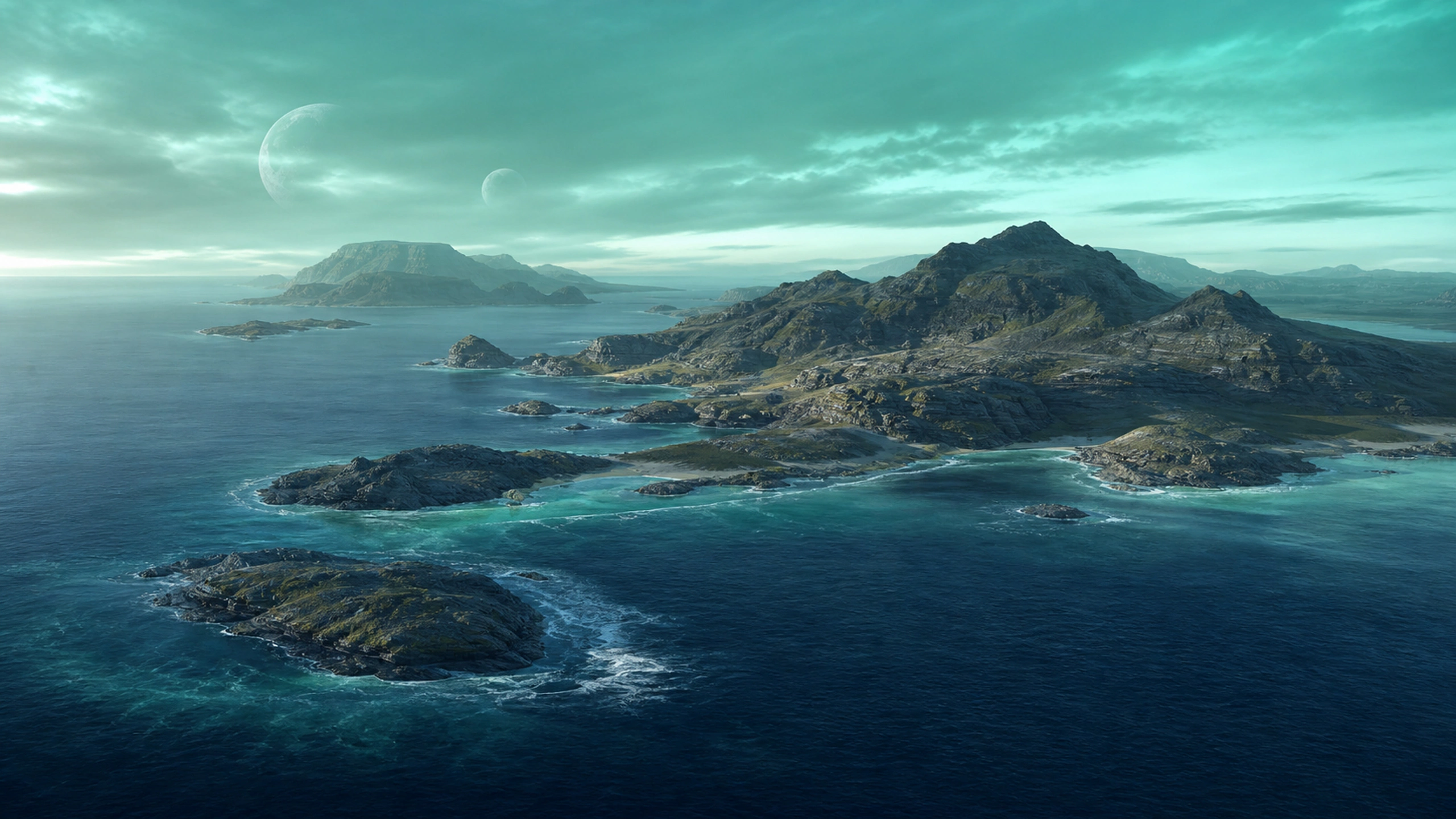 Rocky island chain across a deep alien ocean beneath turquoise atmospheric light, original 4K sci fi worlds wallpaper