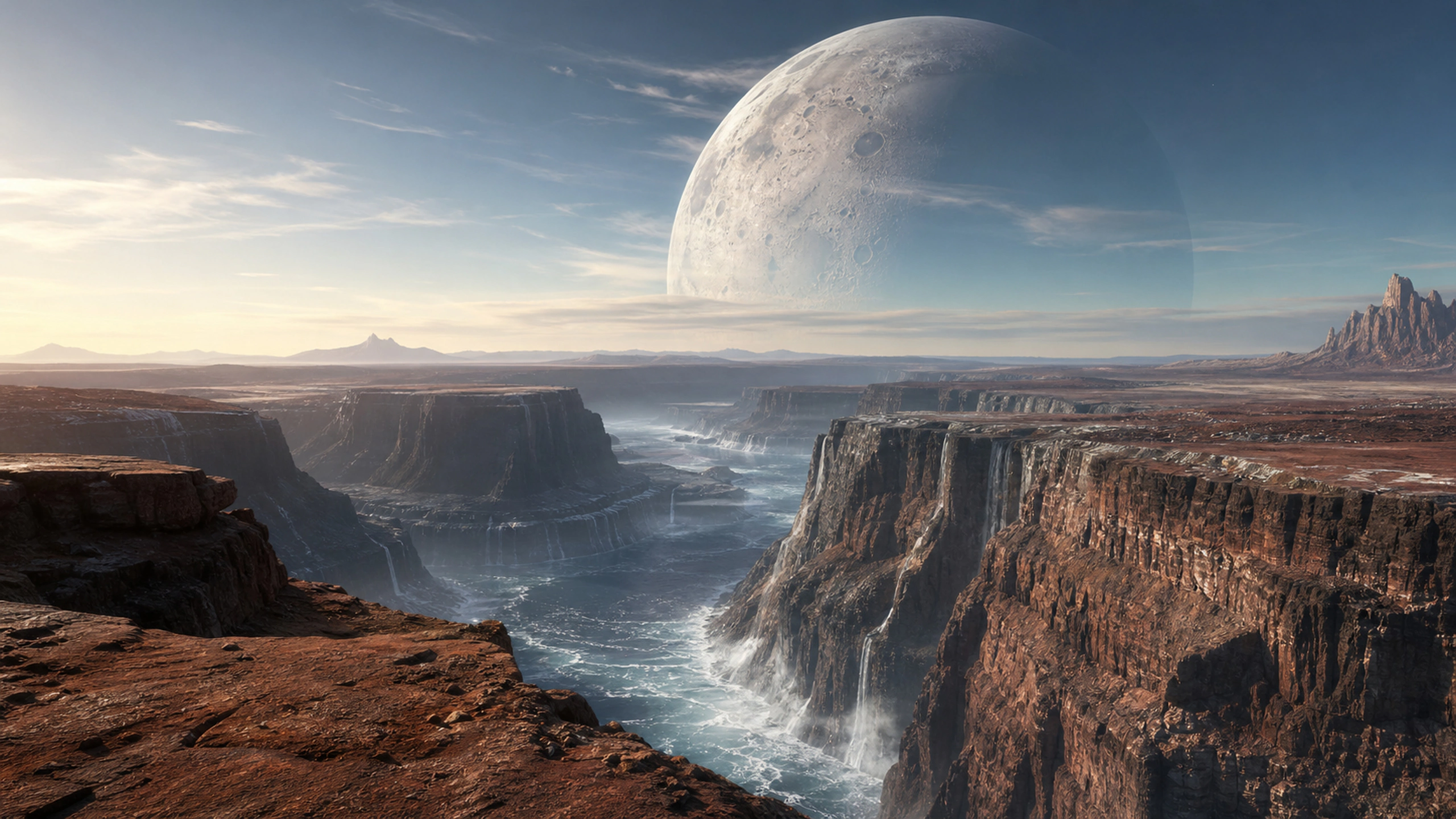 Immense canyon shaped by extreme tides with a close moon dominating the sky, original 4K sci fi worlds wallpaper