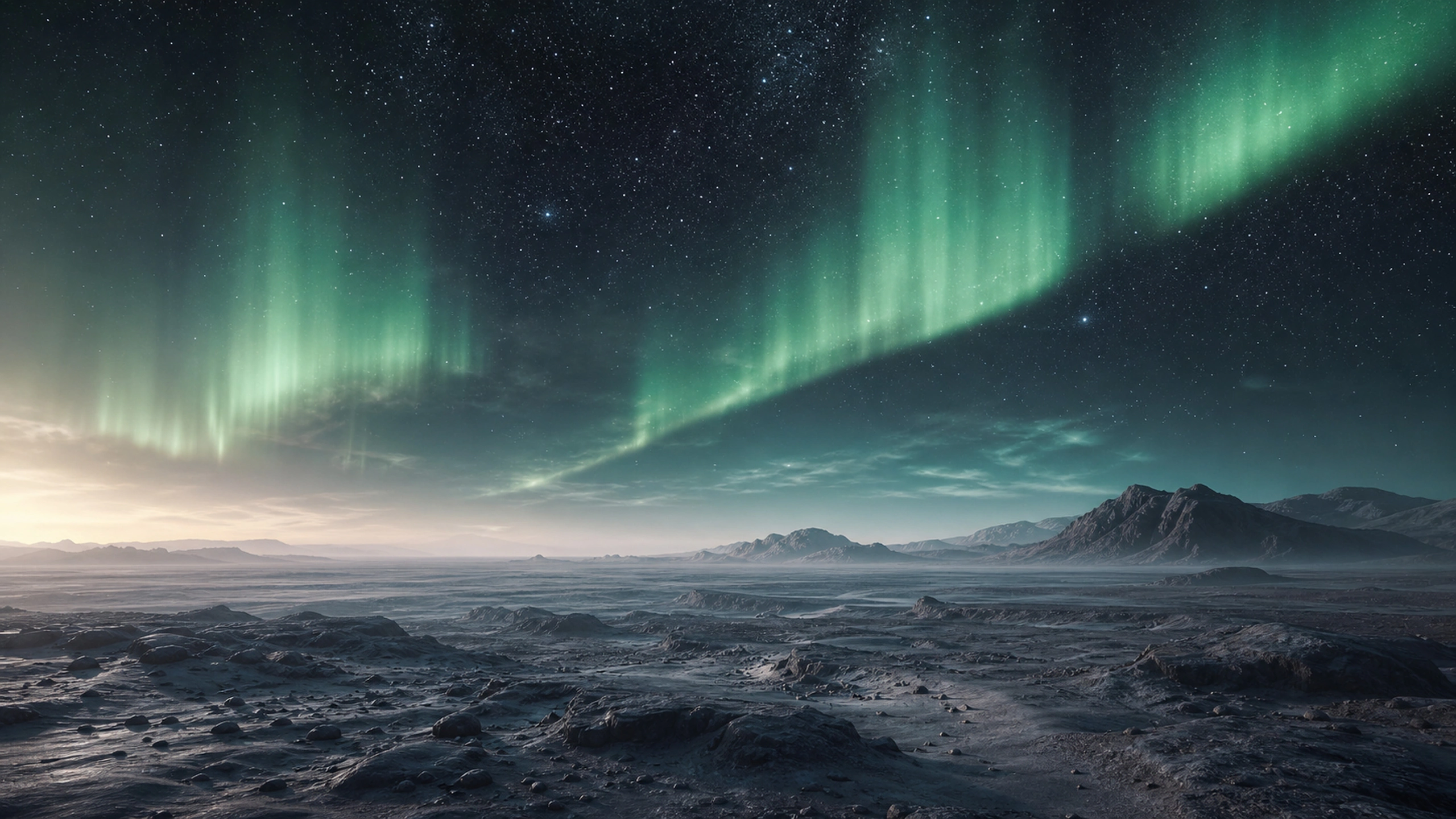 Empty alien plain beneath a scientifically plausible broad aurora and dense stars, original 4K sci fi worlds wallpaper