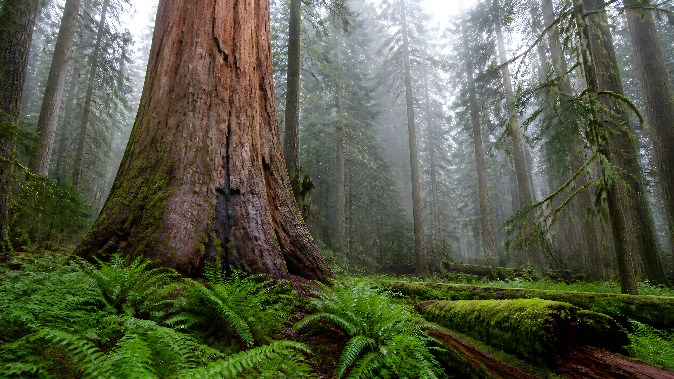 Ancient sequoia trunk and root flare in a misty fern forest
