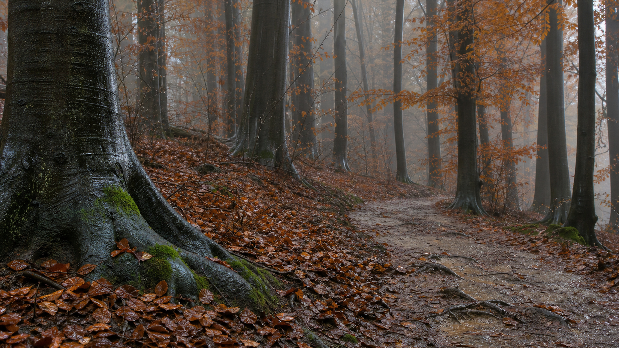 An empty narrow earth footpath bending through mature copper-beech forest after steady autumn rain, seen from knee height among wet roots and leaf litter, original 4K seasons wallpaper