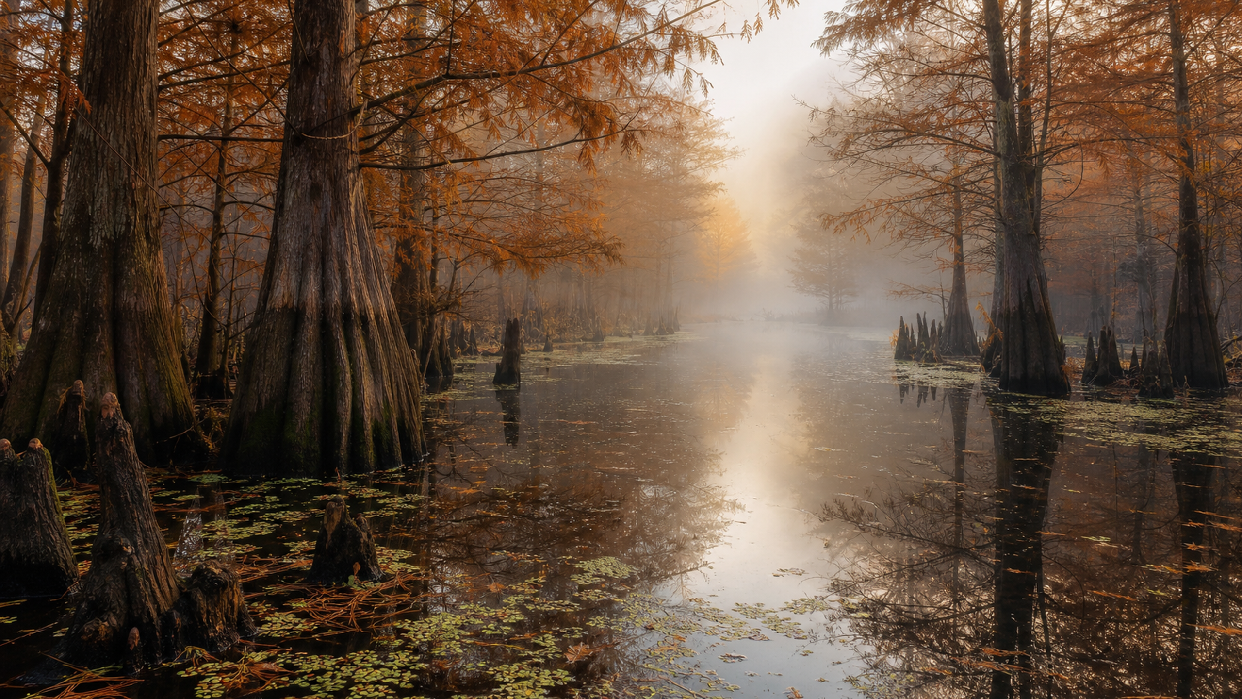 A wild bald-cypress floodplain at water level, with bronze needles, flared trunks, natural cypress knees and coherent reflections fading into cool dawn fog, original 4K seasons wallpaper