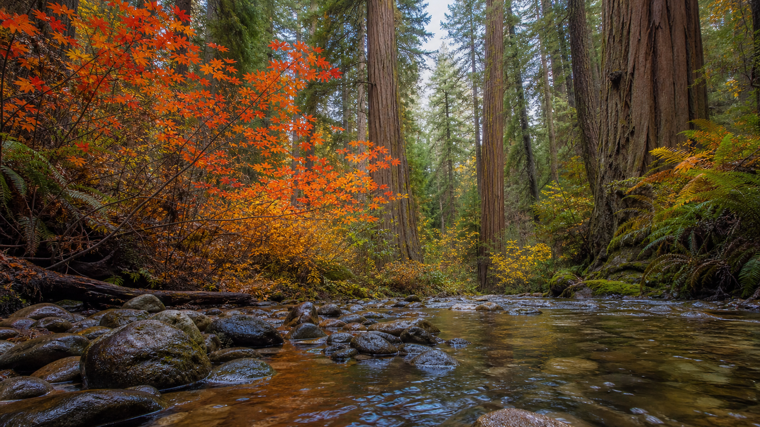 Old-growth coastal redwoods rising above scarlet vine-maple understory and a clear rain-fed creek, photographed from stream level after fog lifts, original 4K seasons wallpaper
