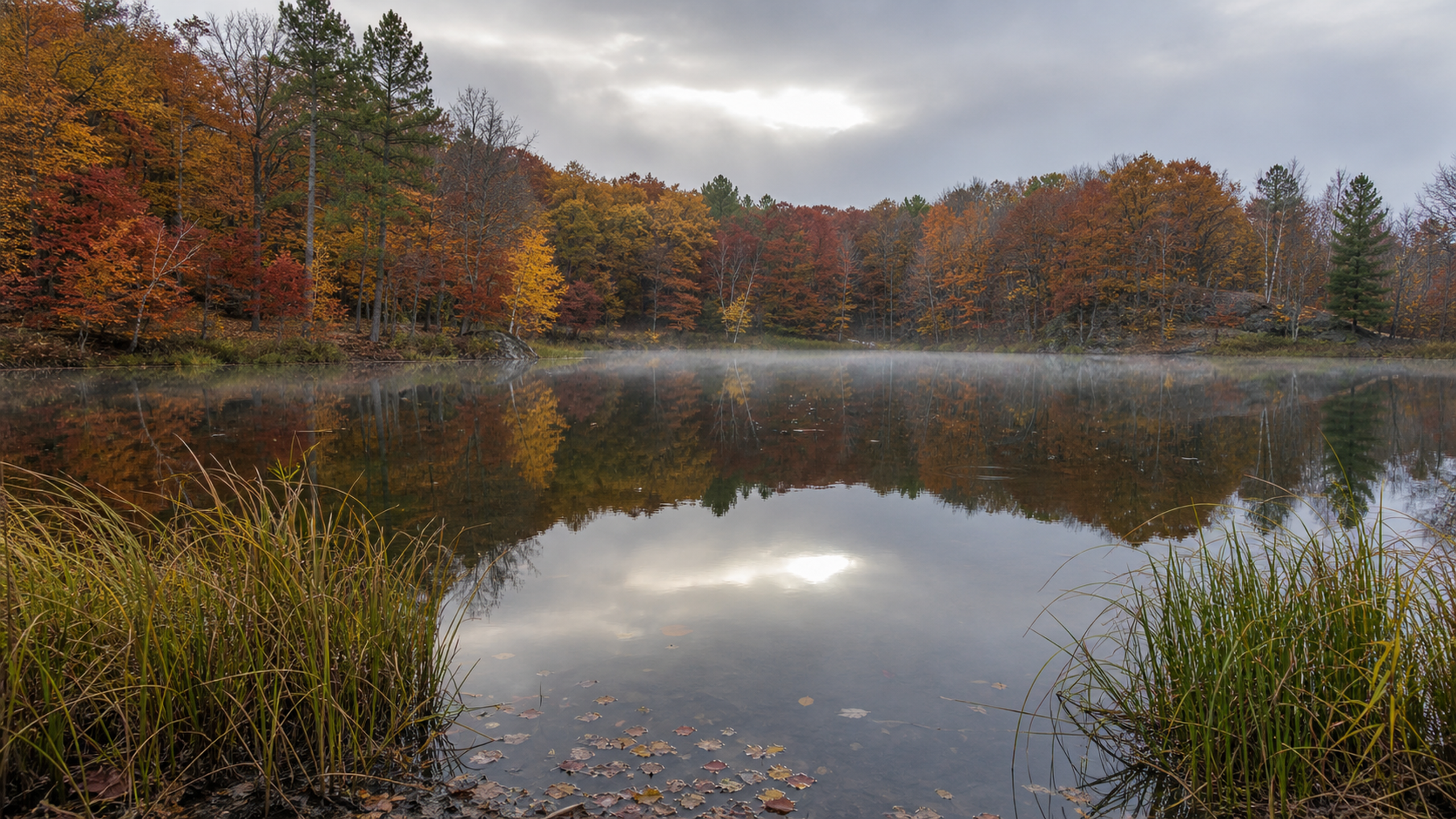 A remote kettle lake bordered by mixed hardwoods in red, ochre, green and bare gray stages, with an irregular reed shore and natural mist-softened reflections, original 4K seasons wallpaper