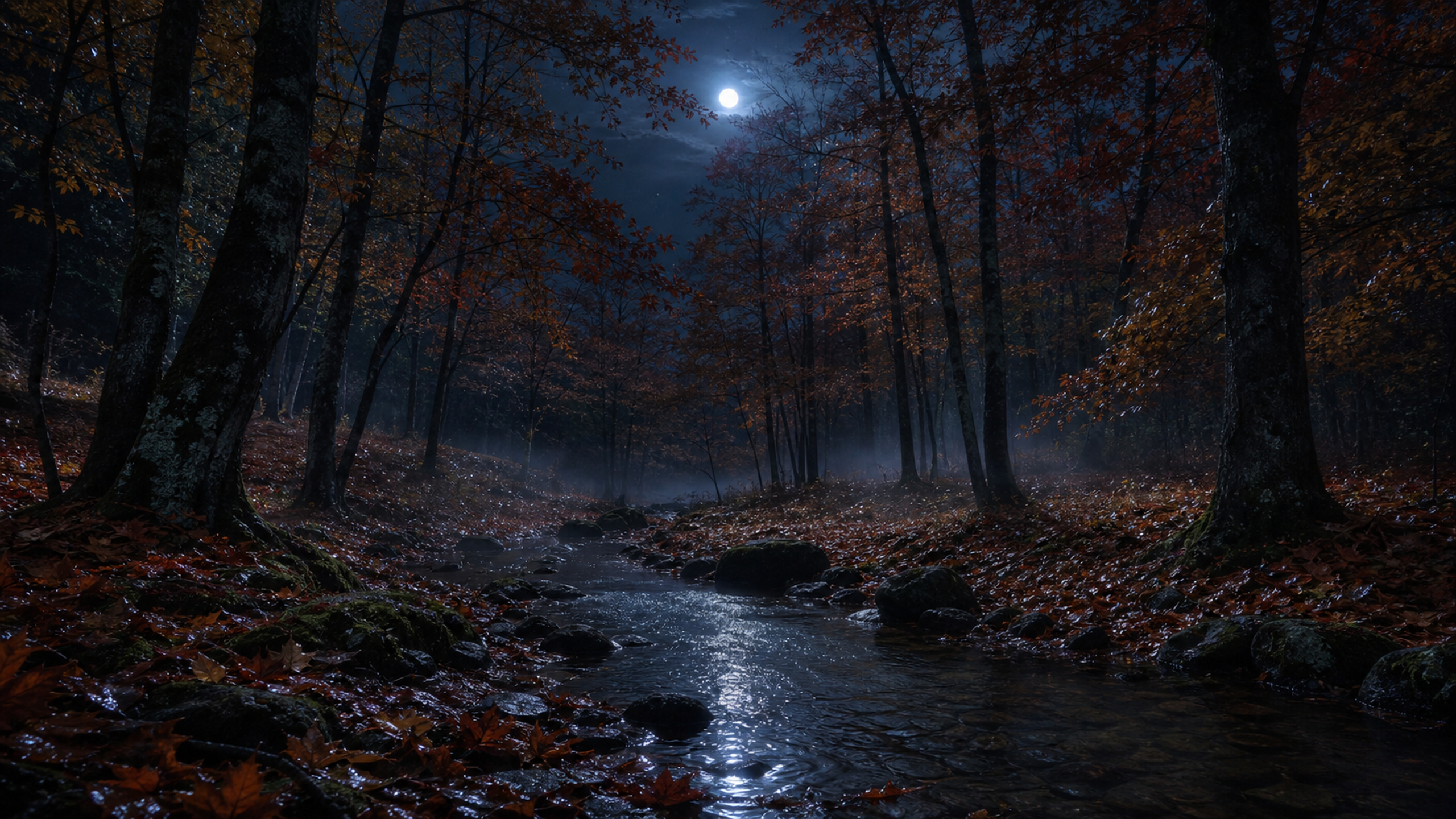 A quiet late-autumn maple forest at night, where fallen red and bronze leaves surround a narrow brook reflecting fragmented light from a small moon, original 4K seasons wallpaper