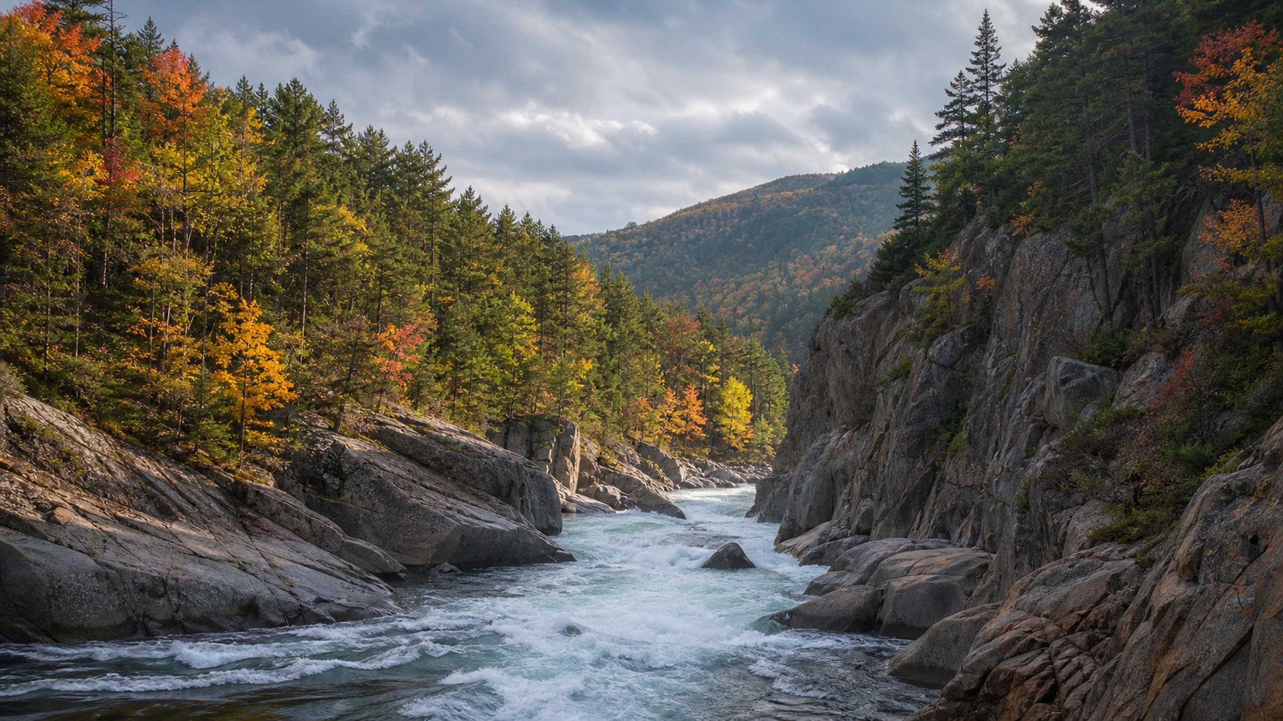 Whitewater rapids through a narrow granite canyon with naturally varied fall forest, original 4K lakes rivers wallpaper