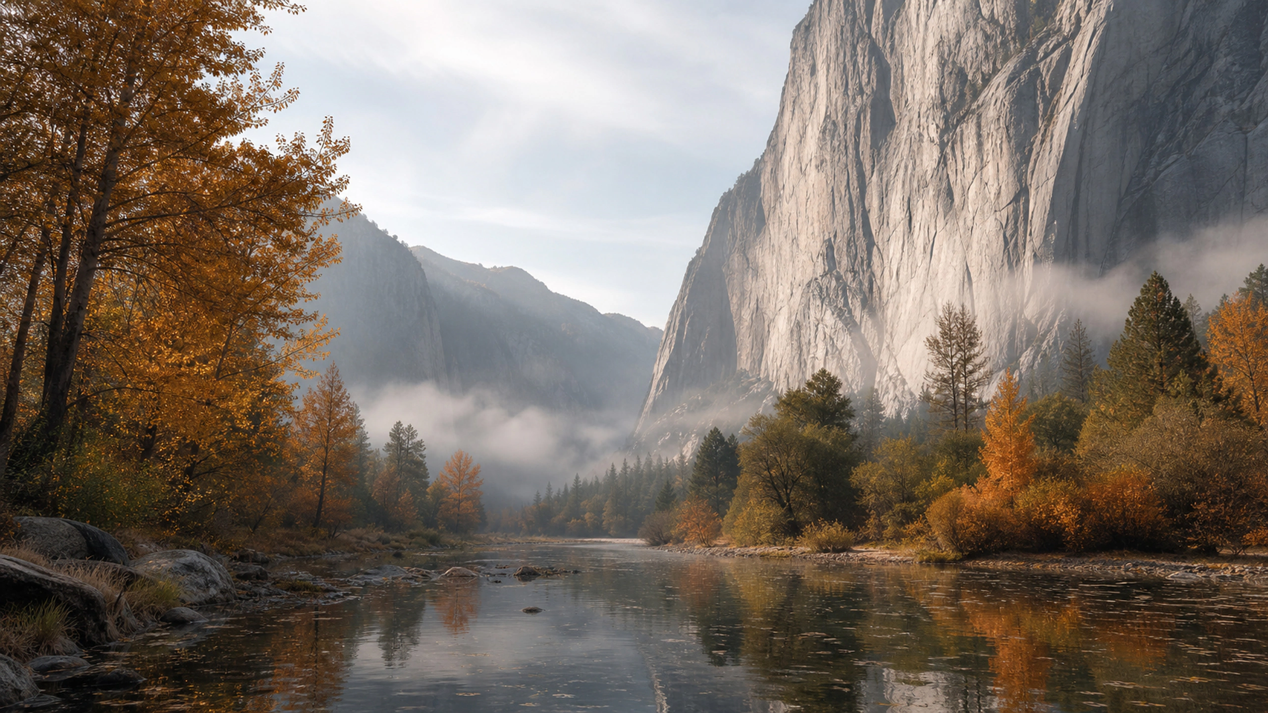 Calm river reach reflecting orange trees and pale cliffs under thin mist, original 4K lakes rivers wallpaper