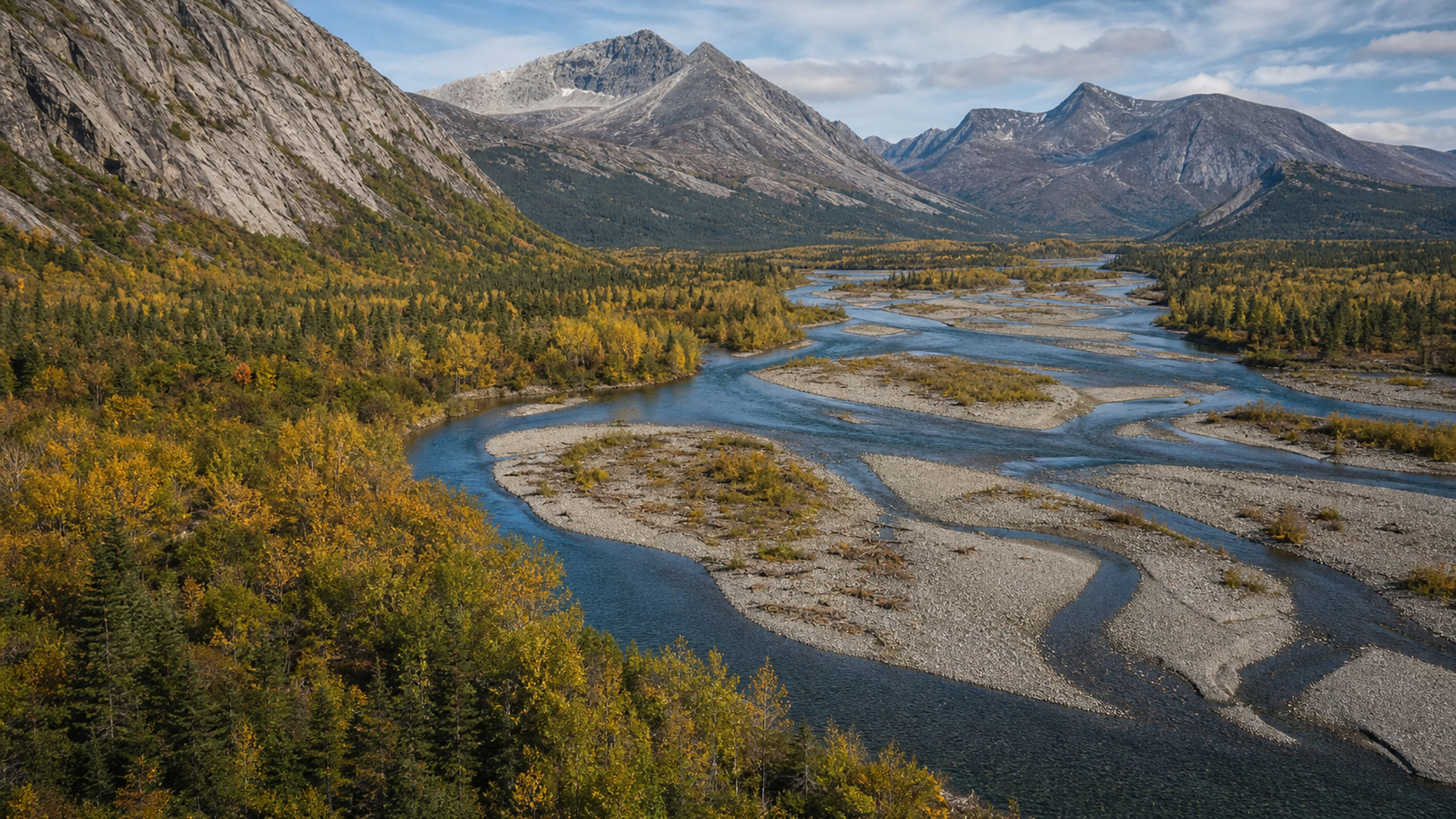 Elevated view of a braided river crossing a broad granite autumn valley, original 4K lakes rivers wallpaper