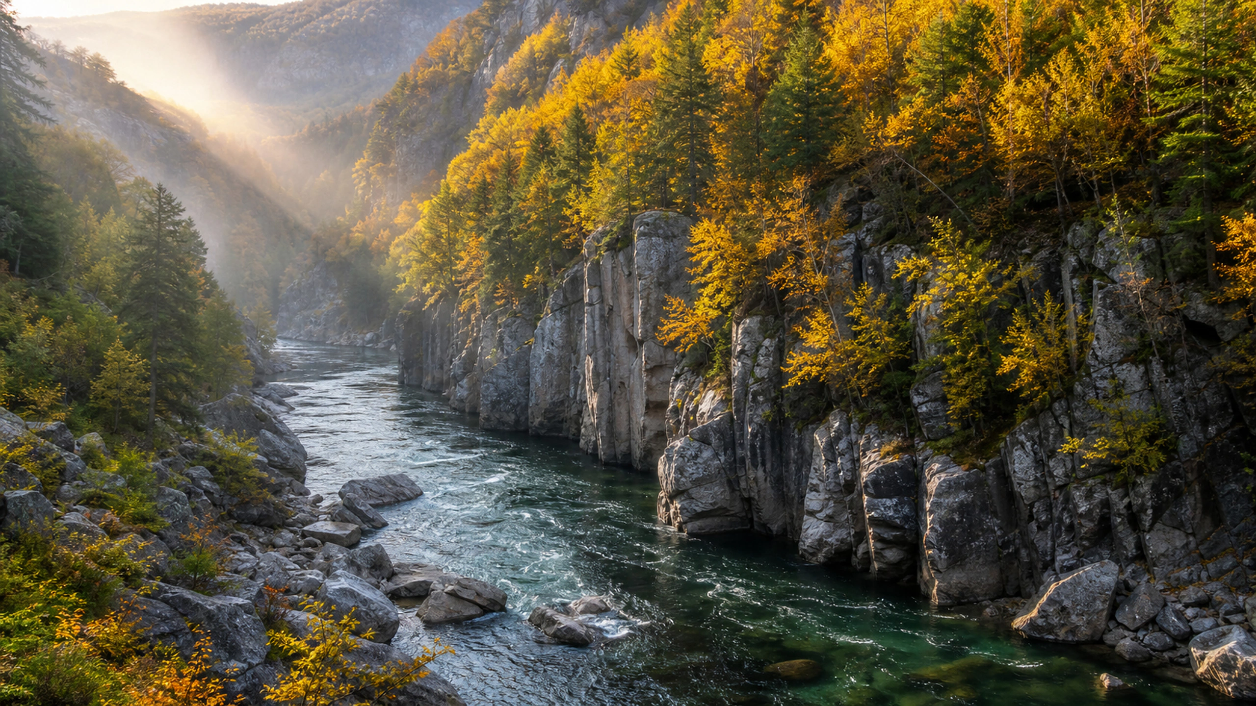 Sunbeam reaching a deep river gorge lined with golden deciduous forest, original 4K lakes rivers wallpaper