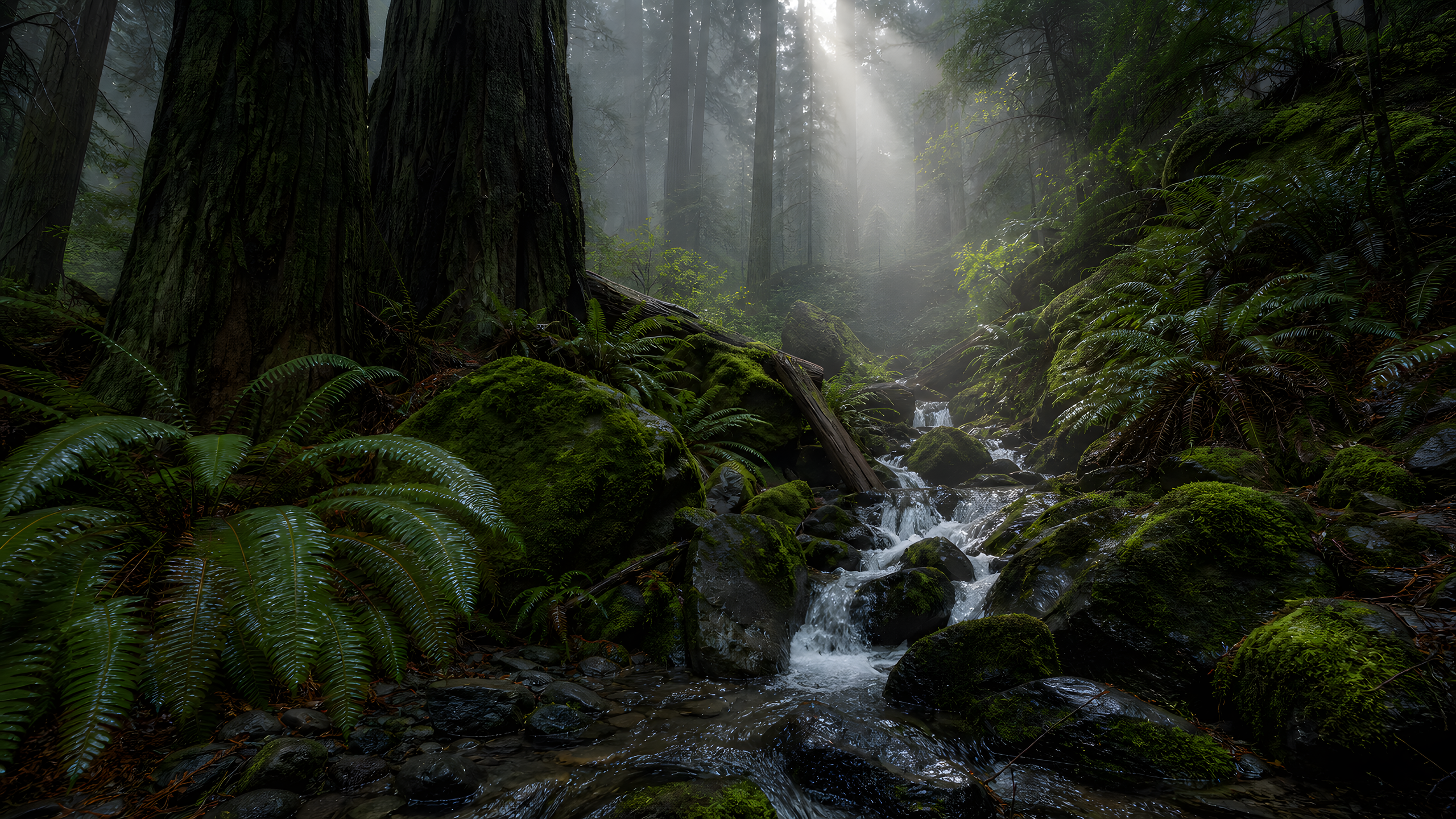 A steep temperate rainforest ravine after rain with giant old trunks, sword ferns, mossy boulders, nurse logs and a clear cascading creek, photographed at ground level in cool misty dawn light, original 4K nature wallpaper