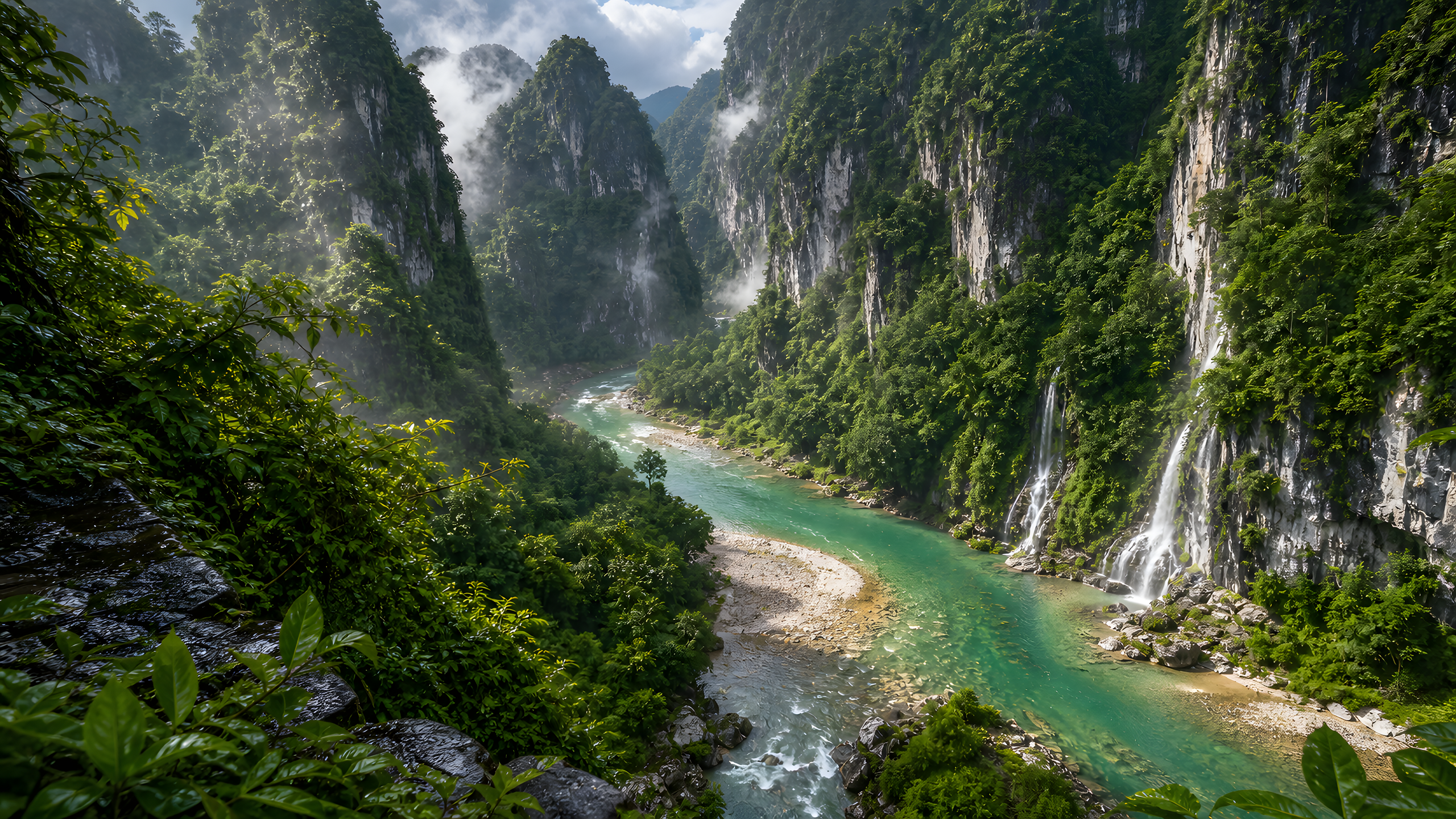 A remote tropical karst river canyon after monsoon rain with forested limestone towers, emerald water, pale gravel bars and natural cascades, viewed diagonally from a high cliff in bright humid clearing light, original 4K nature wallpaper
