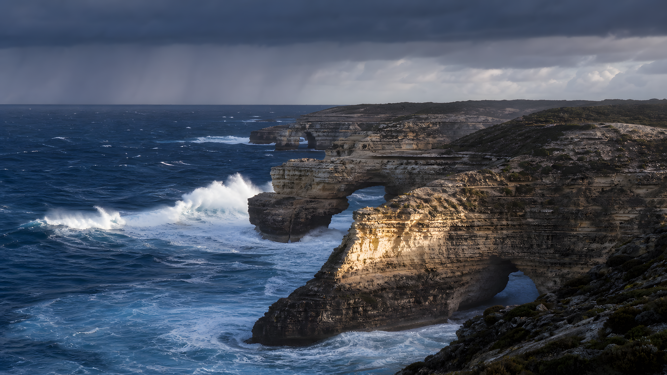 A wild layered limestone headland battered by winter swells with natural sea arches and salt-tolerant scrub, compressed by a long lens from an opposing cliff between passing storm cells, original 4K nature wallpaper