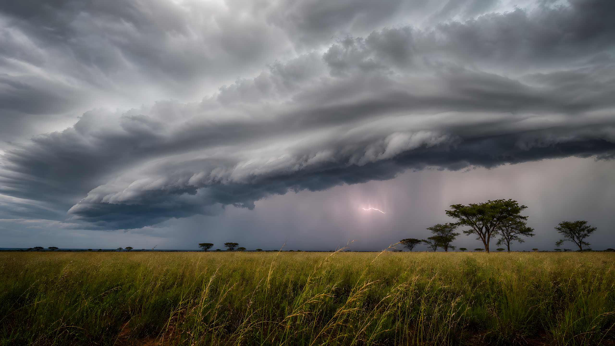 An uninhabited wet-season savanna beneath a vast meteorologically credible shelf cloud, photographed at grass level with sharp seed heads, a low horizon, distant rain and subtle internal lightning, original 4K nature wallpaper