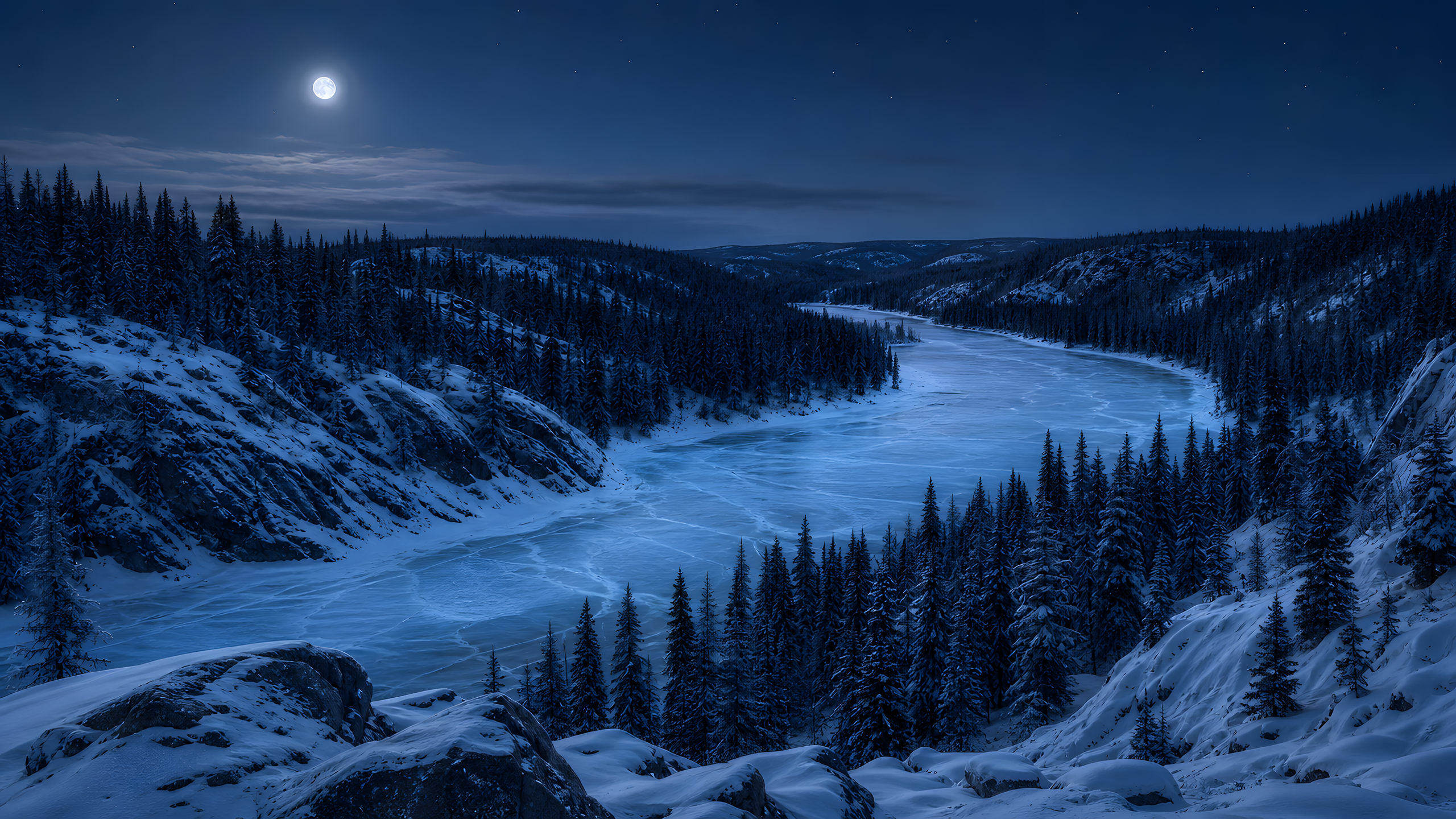 A frozen winding boreal river through snow-laden spruce and exposed granite, viewed from an elevated hillside as an S-curve under clear deep-blue full-moon light and sparse stars, original 4K nature wallpaper