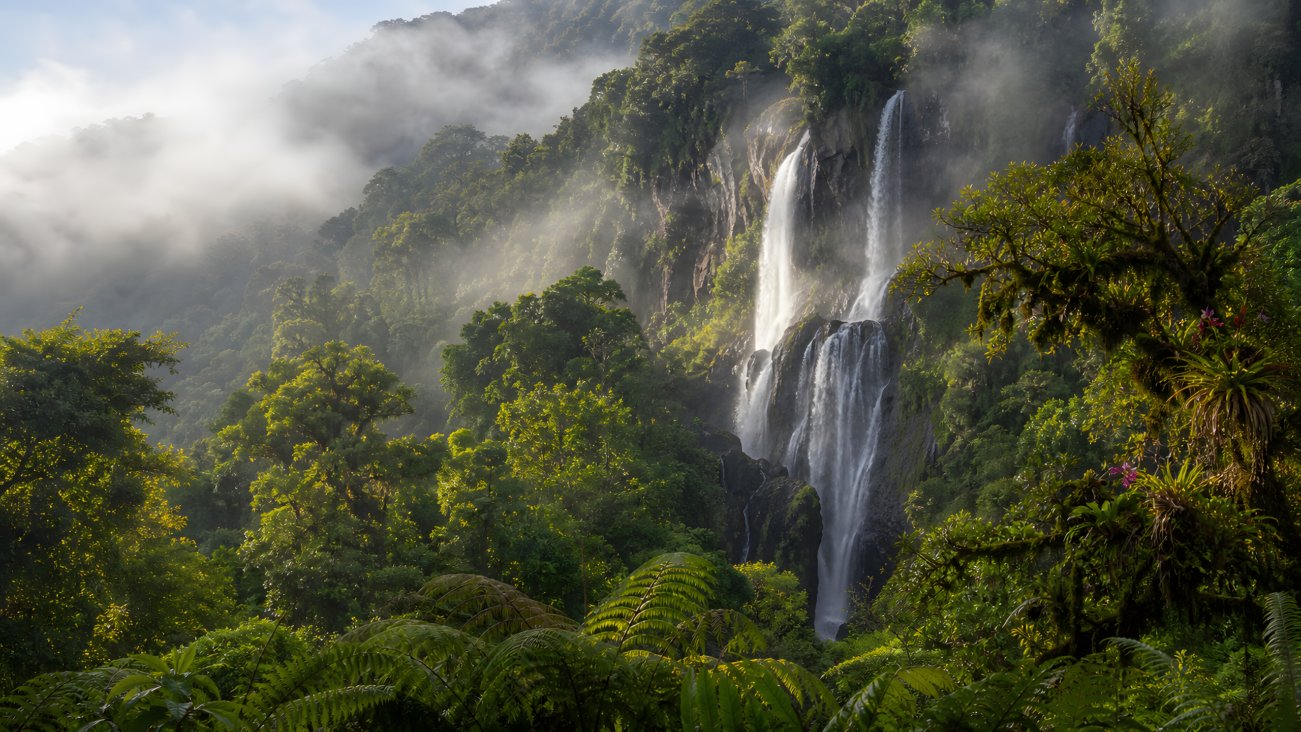 A tall multi-tier waterfall emerging from mountainous tropical cloud forest with orchids, tree ferns and dark volcanic cliffs, photographed by long lens across the valley in luminous morning mist, original 4K nature wallpaper