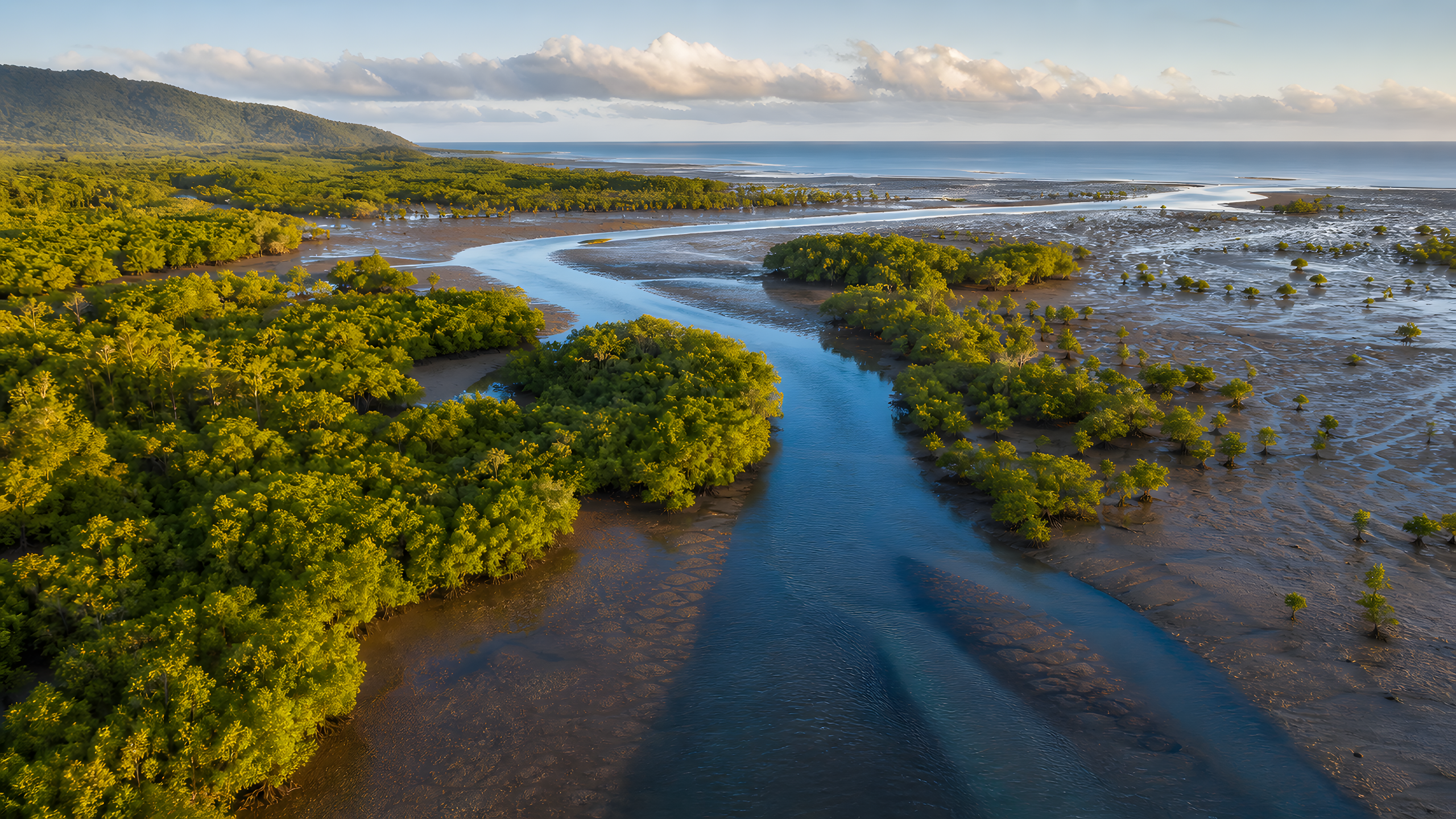 A pristine tropical mangrove estuary at low tide with branching sapphire channels, bronze mudbanks and dense varied canopy, seen from a high sweeping aerial at clear dawn after rain, original 4K nature wallpaper