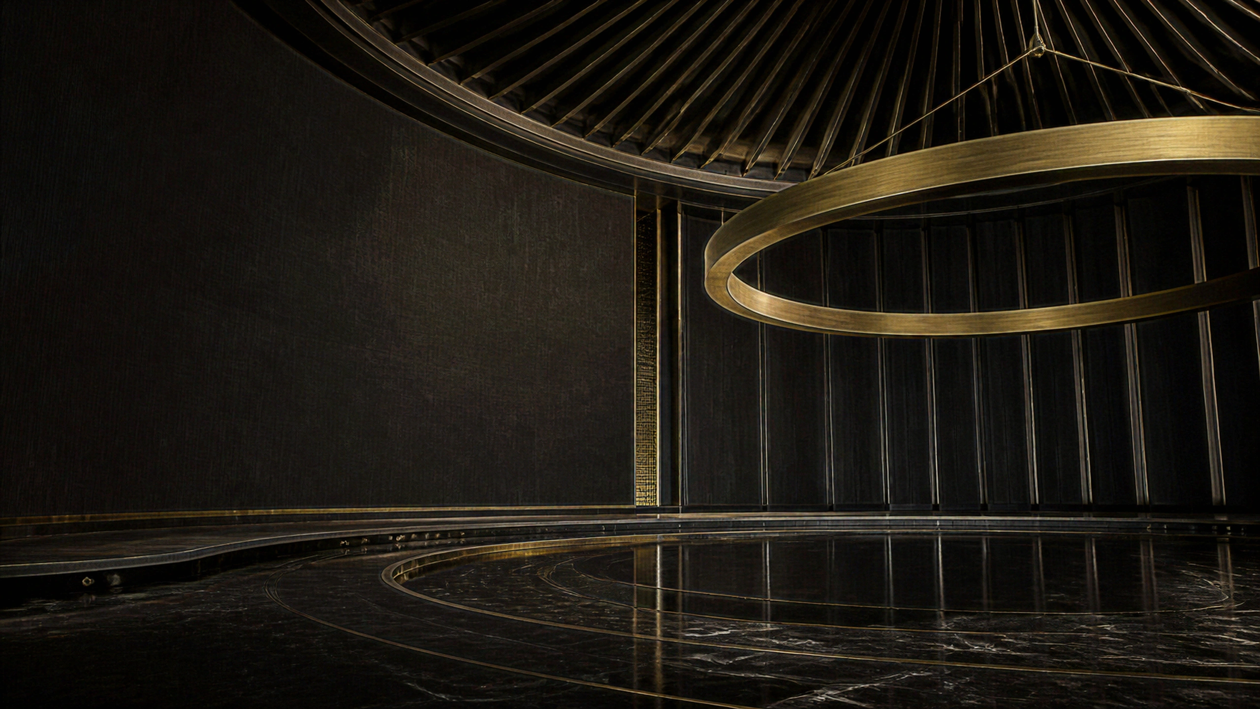 Vast original matte-black circular chamber with a suspended brushed-gold oculus, precise architectural ribs and crisp grazing light, original 4K dark amoled wallpaper
