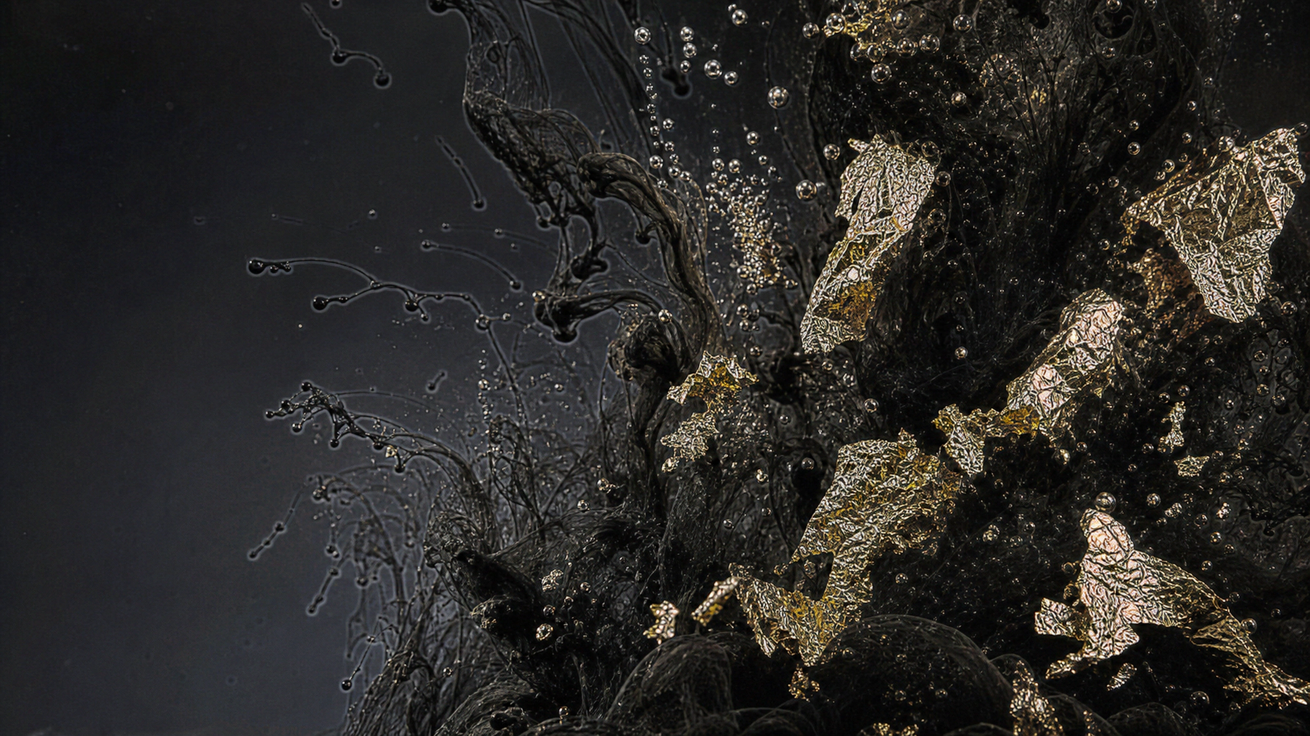 Macro black ink bloom suspended in clear liquid around torn fragments of genuine gold leaf, individually resolved edges and fluid filaments, original 4K dark amoled wallpaper