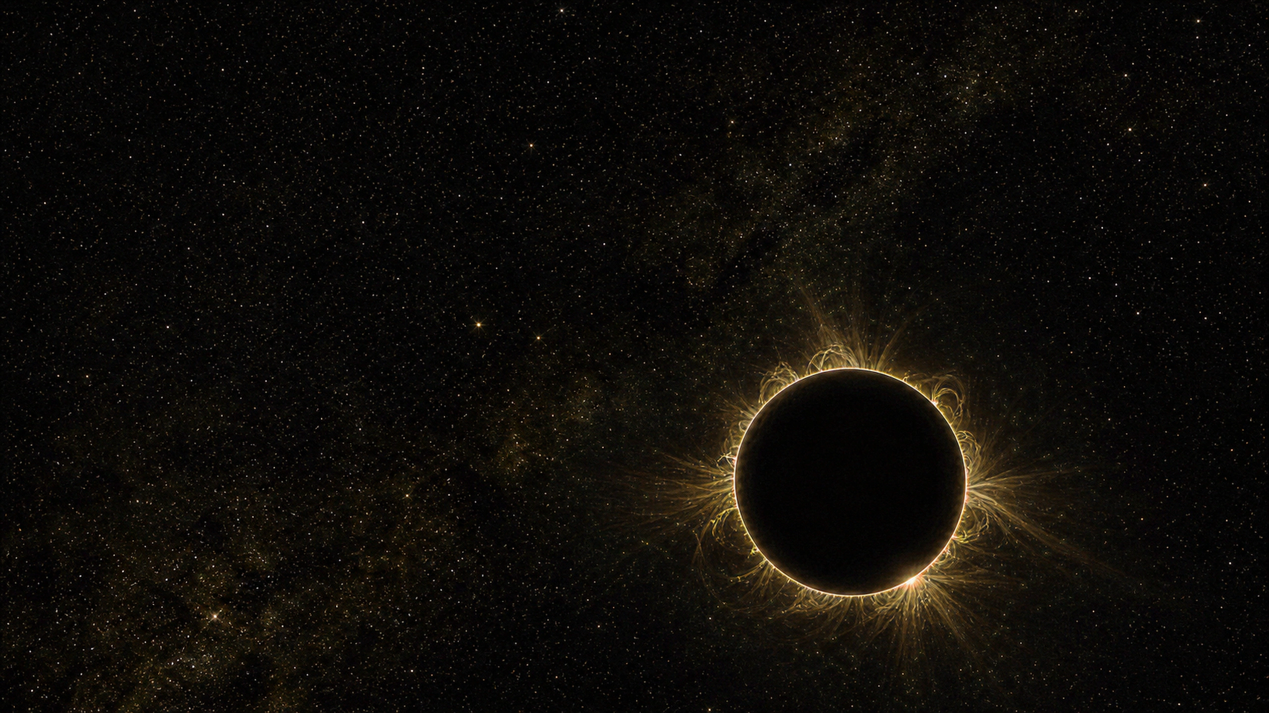 Near-black celestial disc surrounded by hair-thin golden plasma filaments and thousands of tiny sharp stars, deep restrained cosmic field, original 4K dark amoled wallpaper