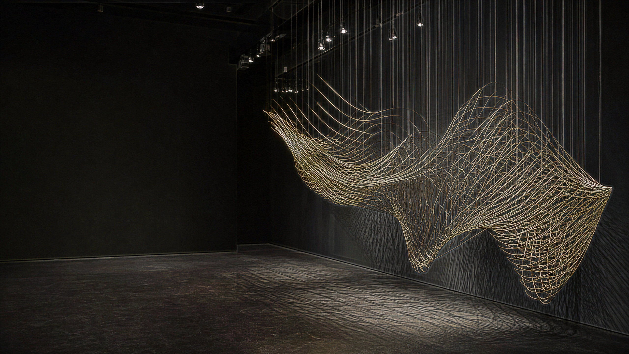 Original fine-gauge gold wire sculpture sweeping through a black gallery, hundreds of distinct arcs casting precise threadlike shadows, original 4K dark amoled wallpaper