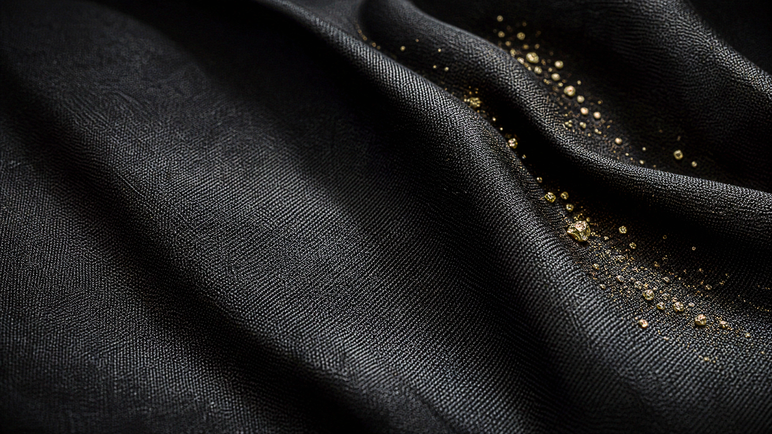 Deep black silk folded into broad valleys with a diagonal scattering of microscopic gold particles, visible weave and controlled highlights, original 4K dark amoled wallpaper