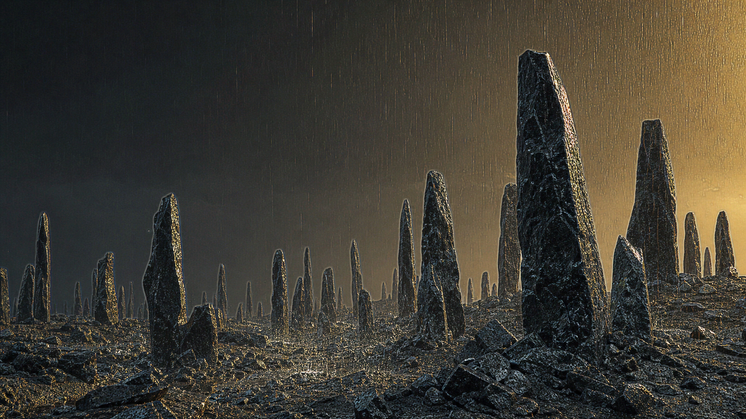Field of slender black stone monoliths under sparse vertical gold rain, detailed wet surfaces, individual droplets and deep negative space, original 4K dark amoled wallpaper