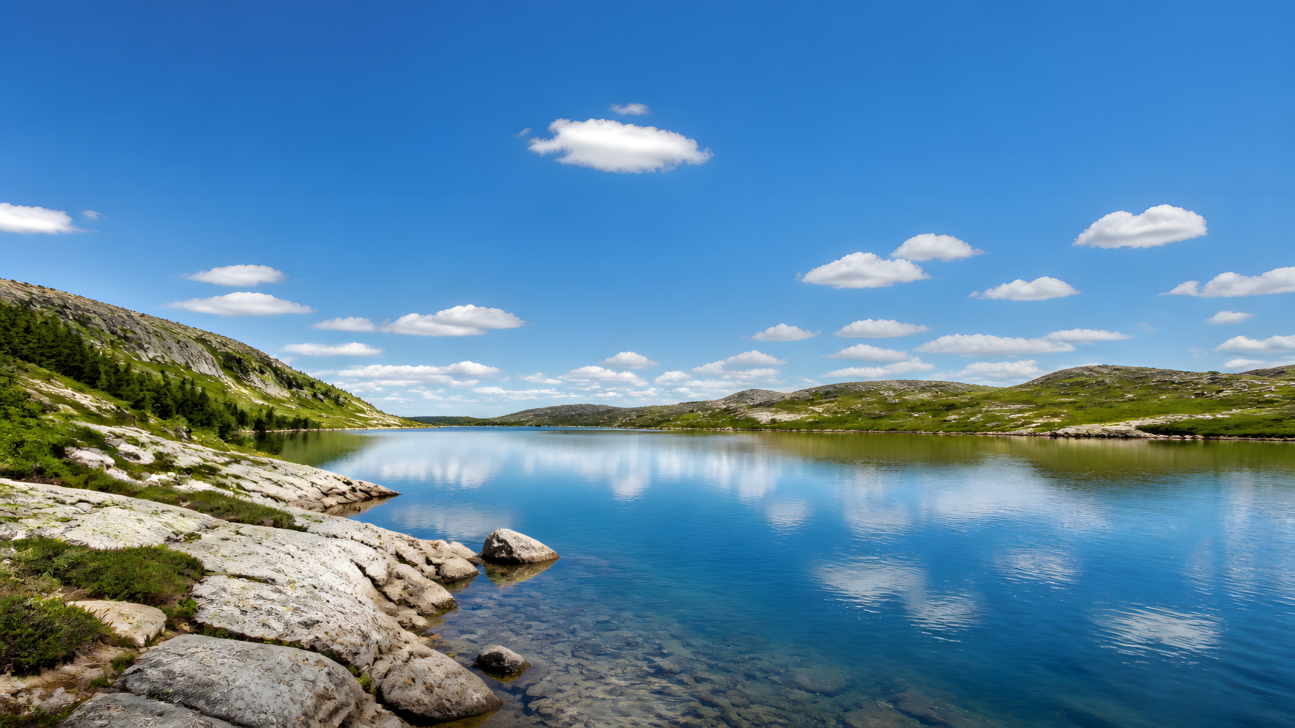 Small white summer clouds above a clear alpine lake and granite shore