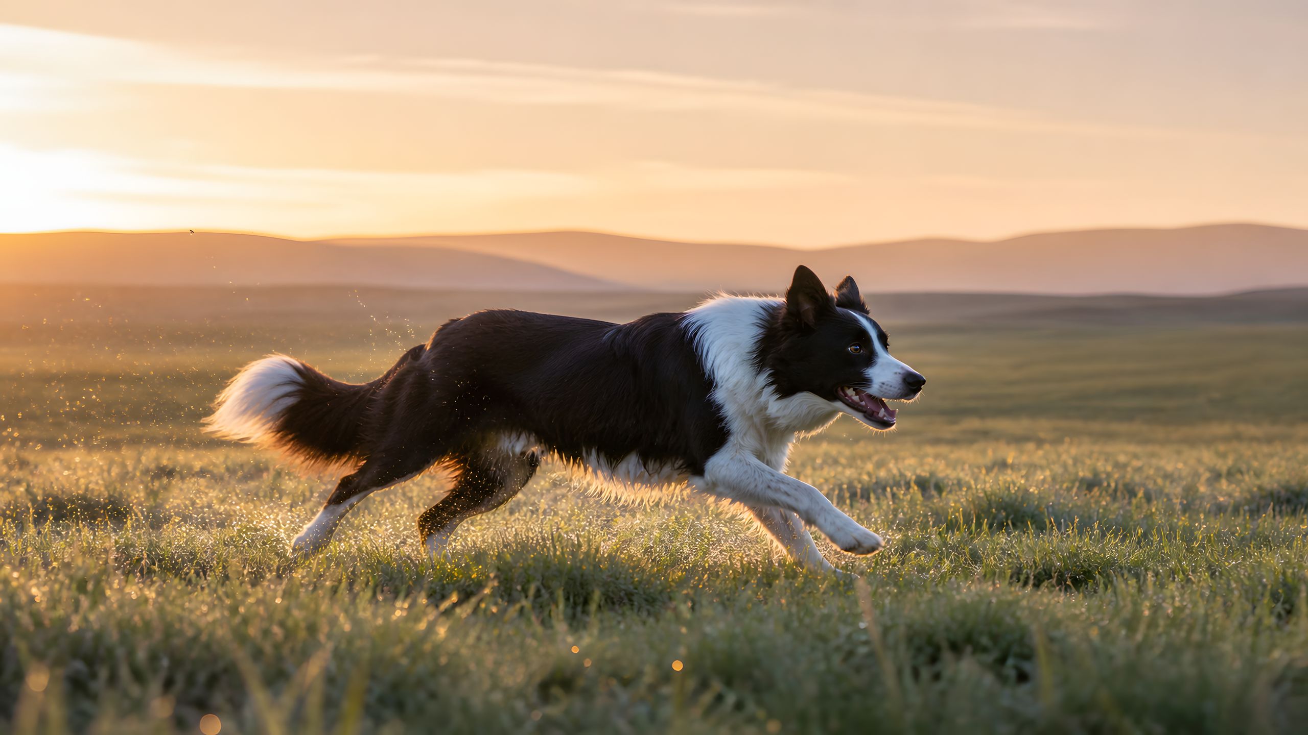 Black-and-white border collie running through a dewy field at sunrise
