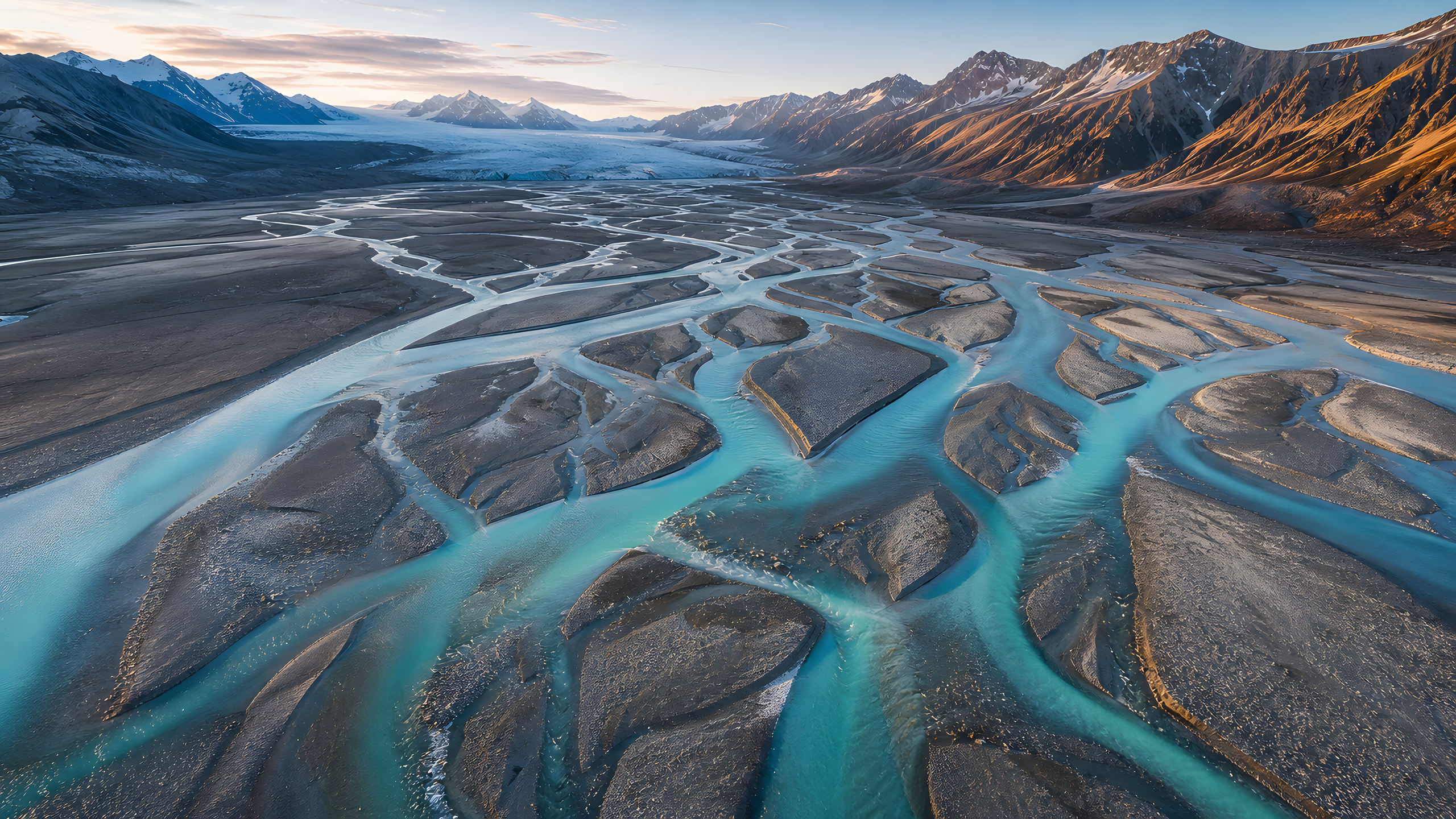 Turquoise braided glacial river crossing pale gravel bars at sunrise below a valley glacier