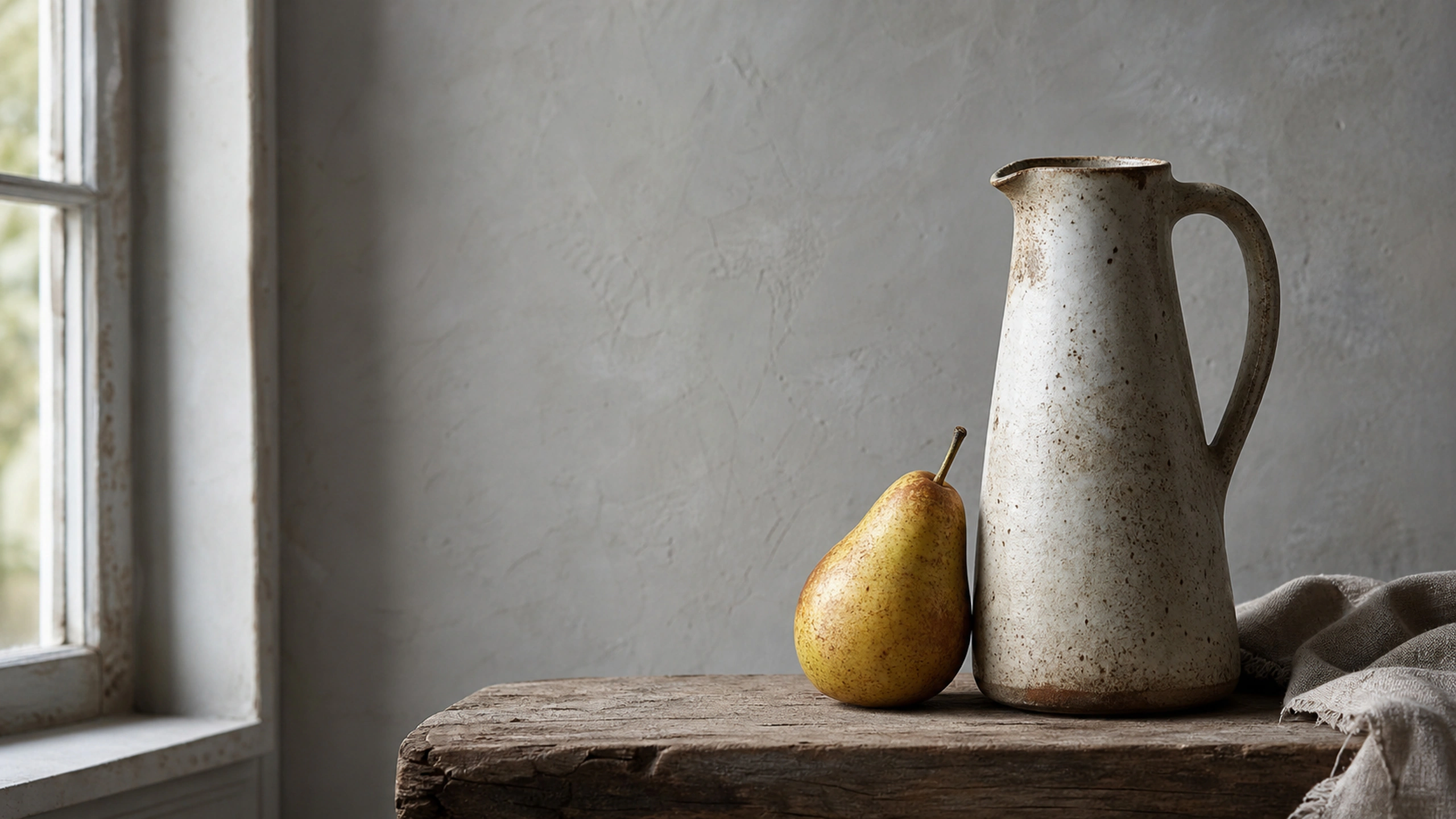 One ripe pear beside a tall imperfect stoneware pitcher in cool window light, original 4K still life objects wallpaper