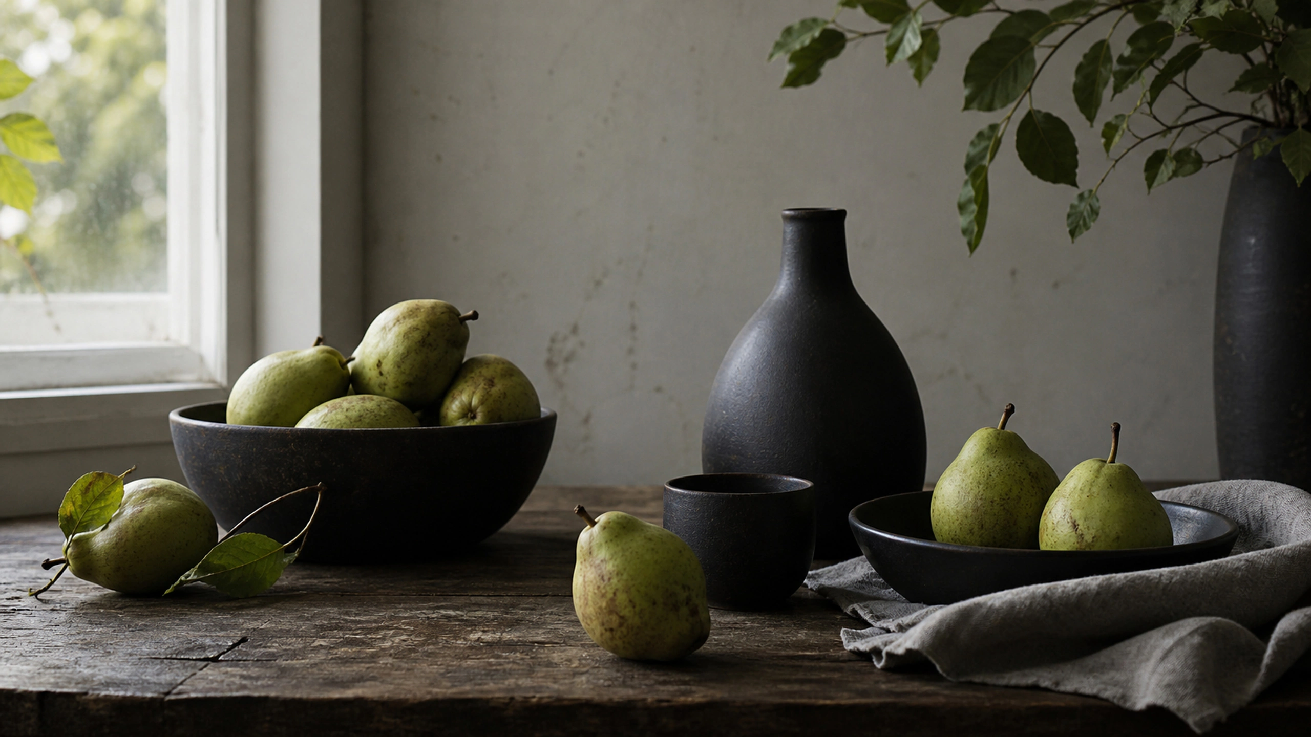 Green pears and matte black ceramics arranged on an aged dark timber table, original 4K still life objects wallpaper