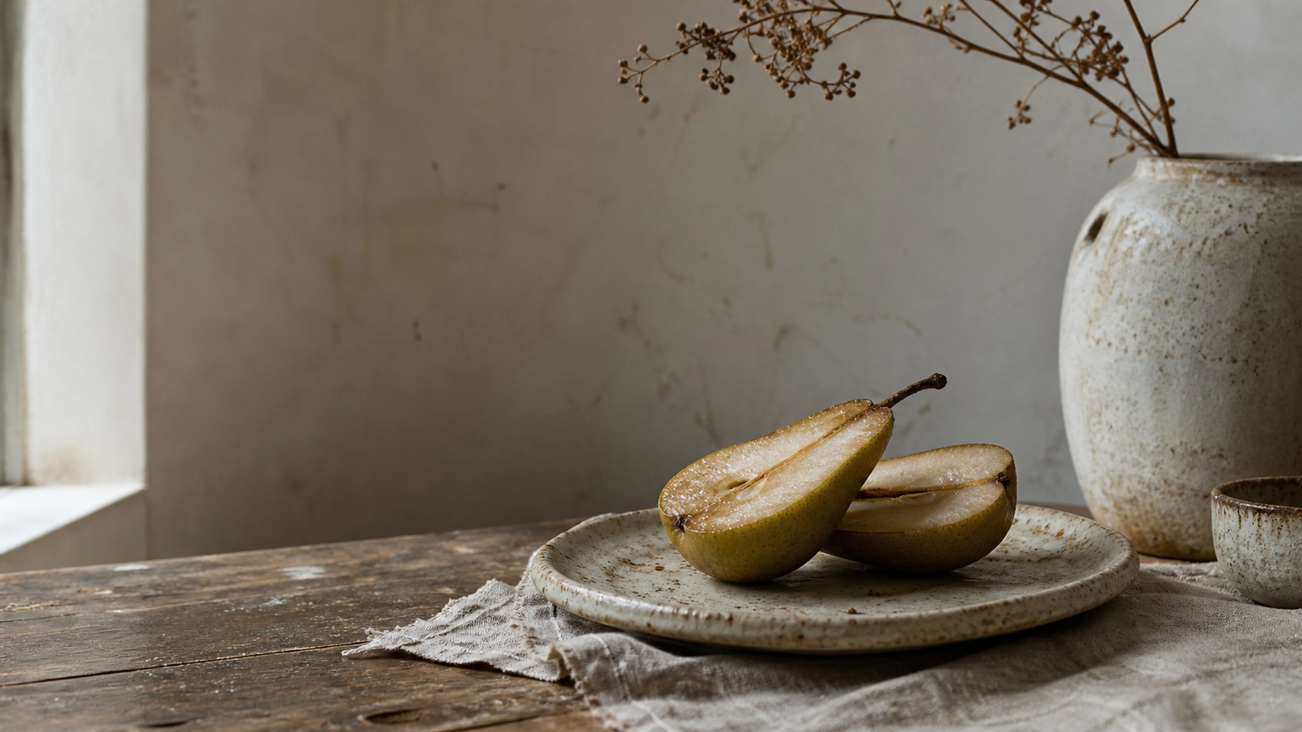 Halved pear, small ceramic plate and linen with realistic oxidation and natural mess, original 4K still life objects wallpaper