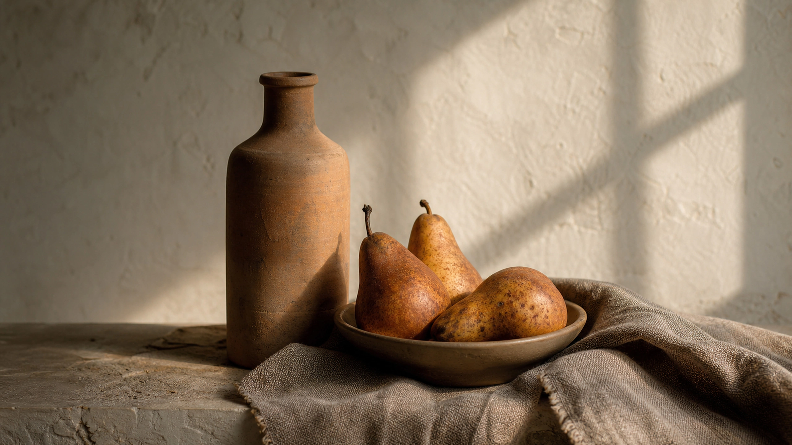 Russet pears, warm clay bottle and rough woven cloth in late-afternoon light, original 4K still life objects wallpaper