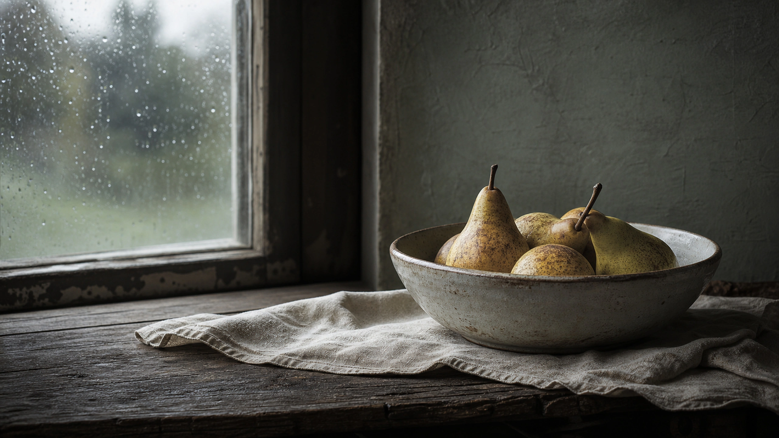 Pear bowl near a rain-dark kitchen window, muted gray-green atmosphere, original 4K still life objects wallpaper