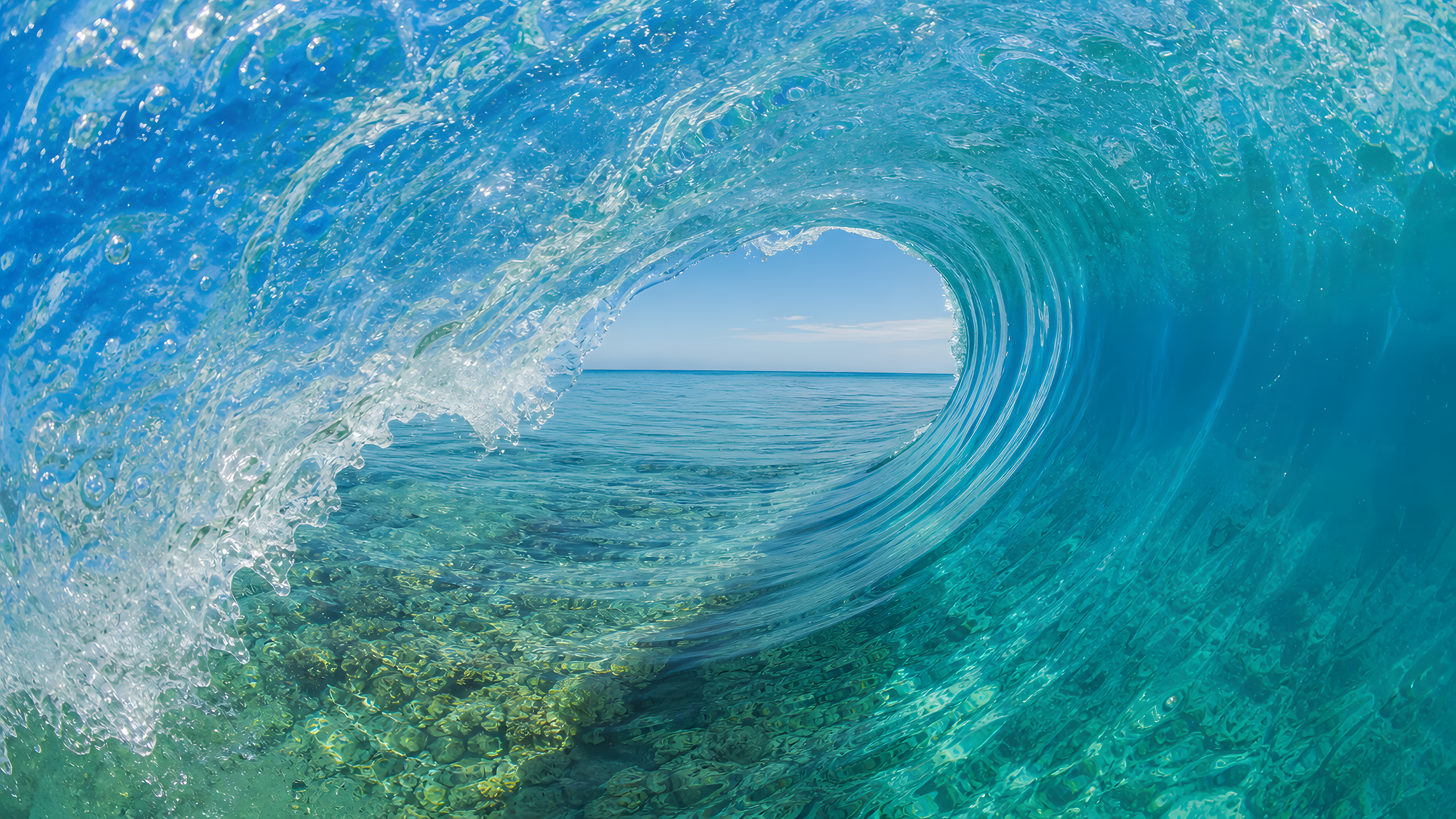 An immersive view from inside a clean turquoise reef-wave barrel, with the complete luminous tunnel, clear coral shelf and open horizon visible, original 4K ocean wallpaper