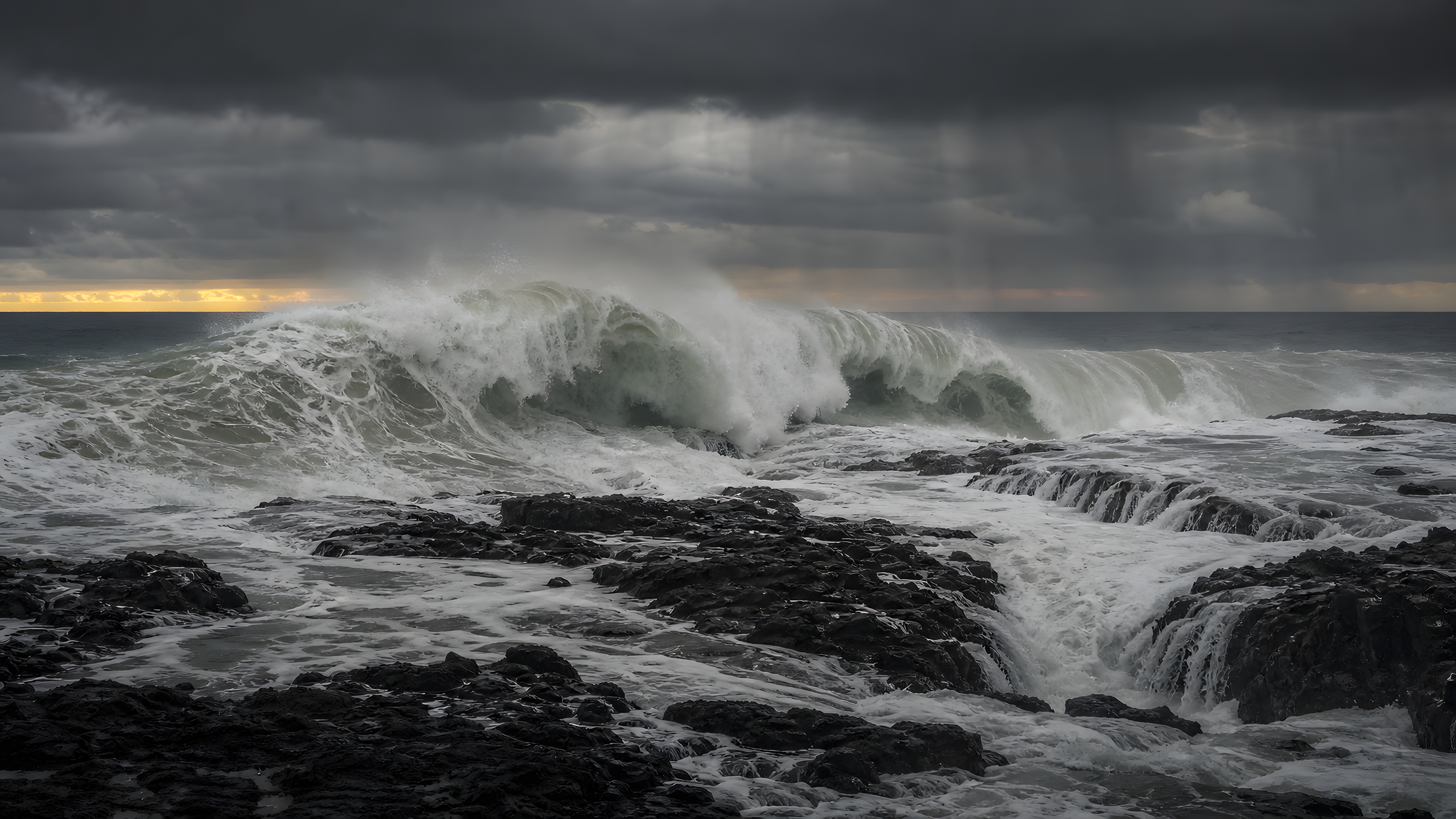 A thick green-gray storm breaker folding over a low black volcanic reef and sending braided whitewater through lava channels, original 4K ocean wallpaper