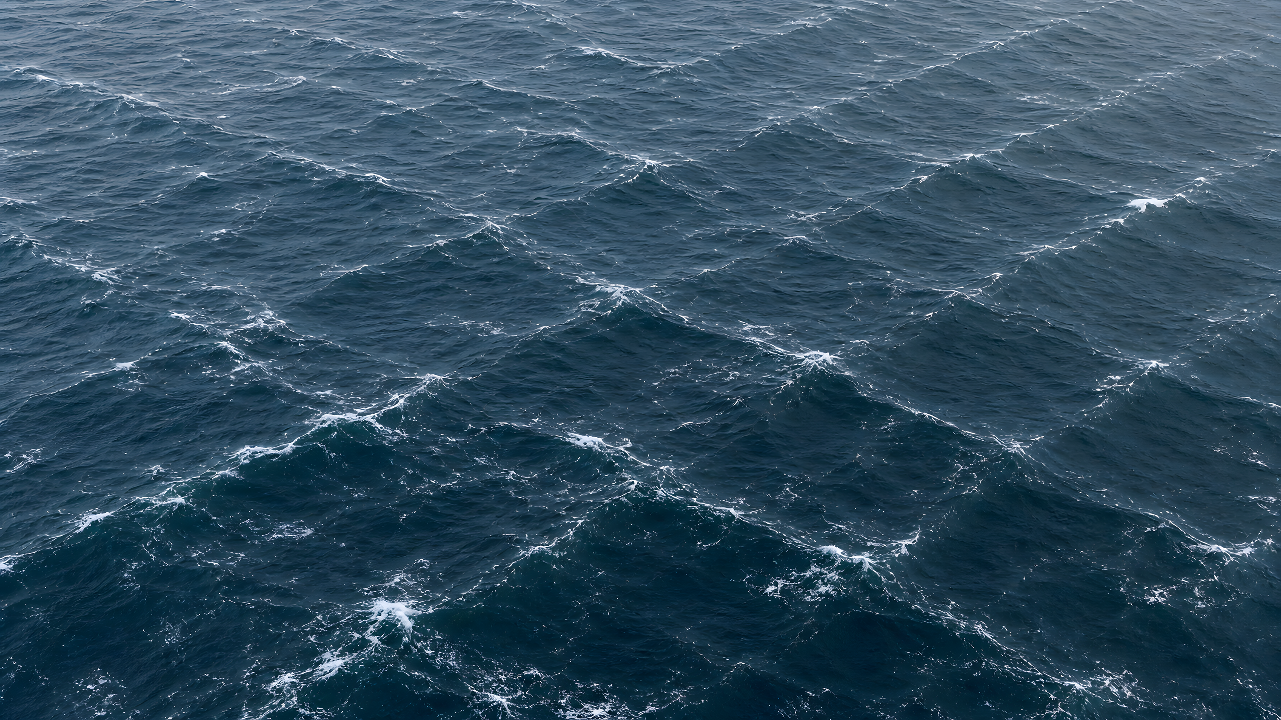 Two physically believable swell trains intersecting across a remote temperate ocean to form organic diamond-shaped wave cells and scattered whitecaps, original 4K ocean wallpaper