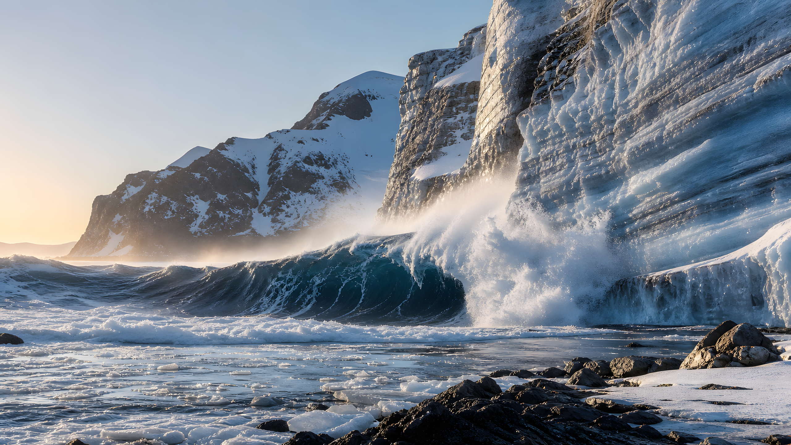 A powerful dark-blue breaker bursting against the foot of a striated polar ice cliff in pale golden sunrise light, original 4K ocean wallpaper