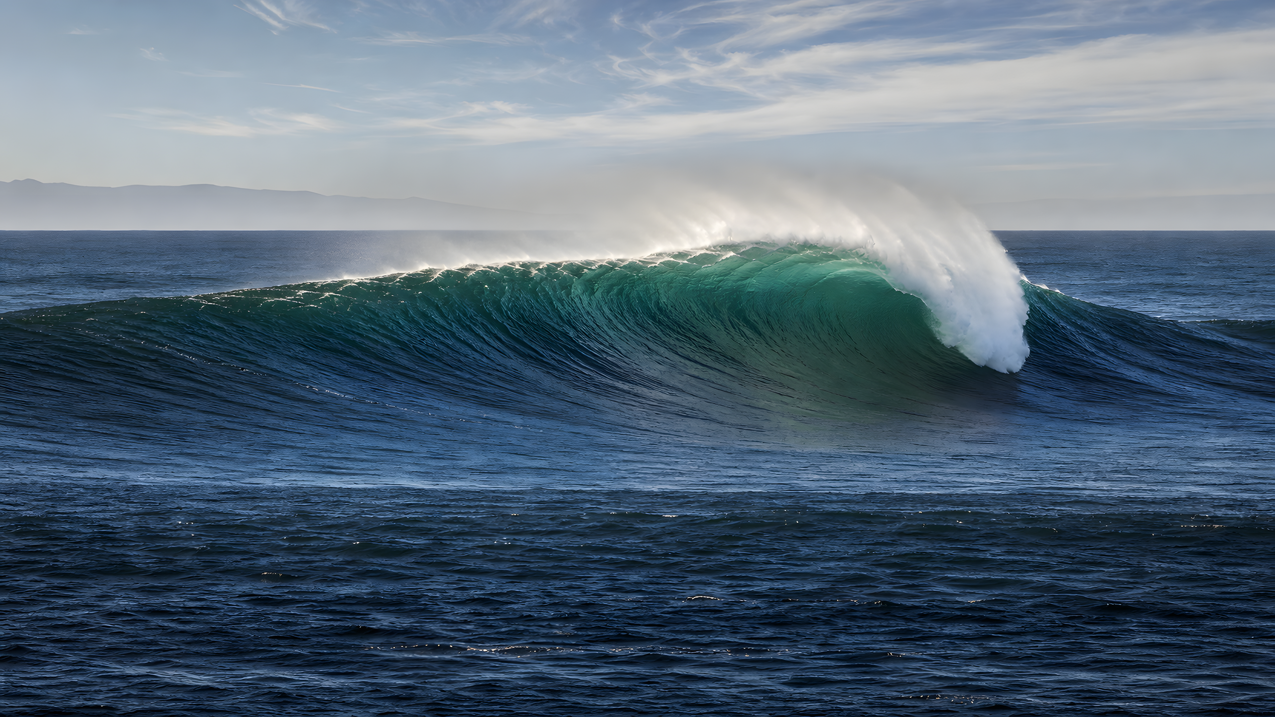 A monumental dark-teal swell steepening above a submerged ocean canyon, seen in profile from a high natural promontory, original 4K ocean wallpaper
