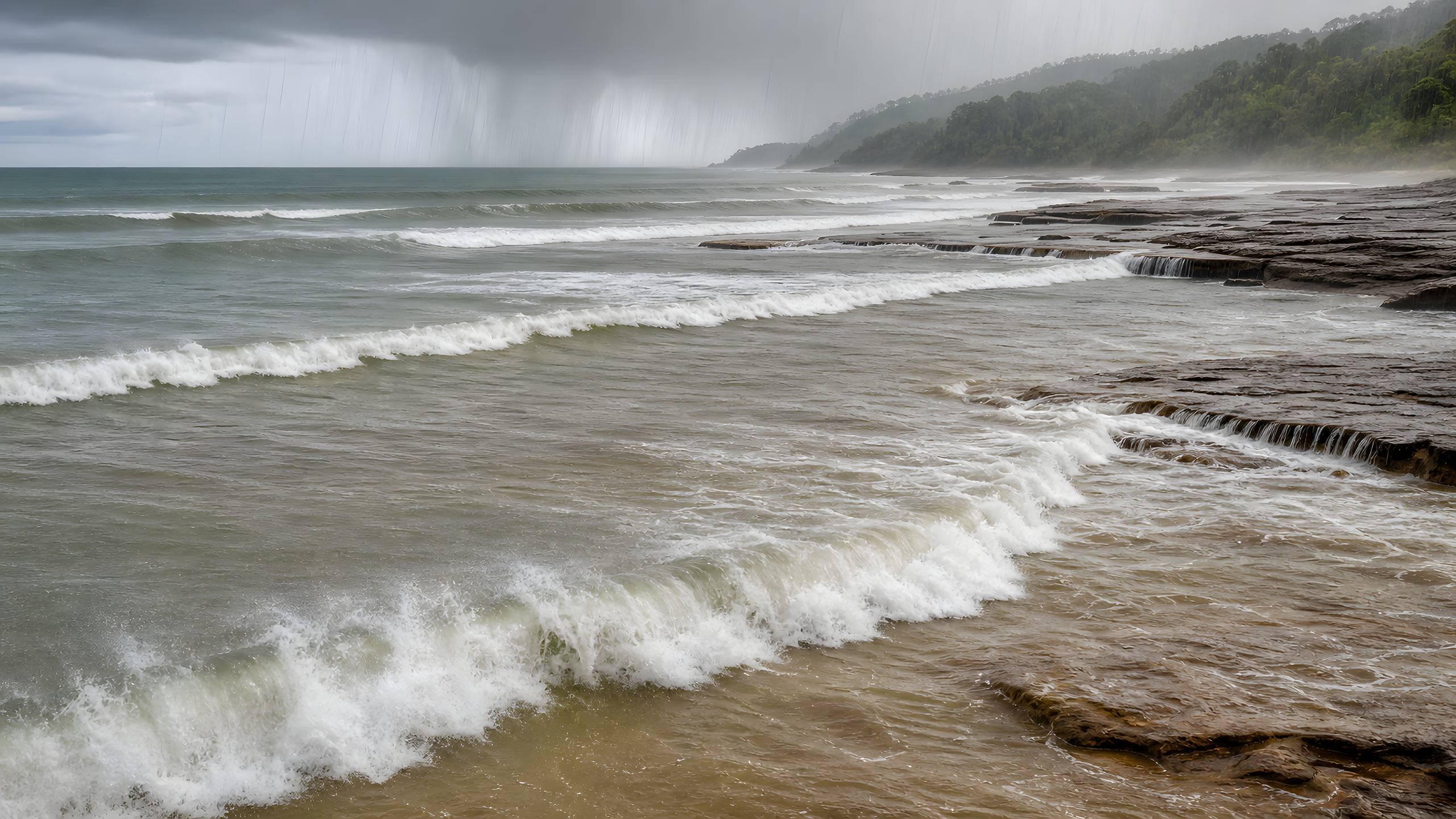 Broad muddy-green breakers bending around exposed sandstone ledges along a remote tropical coast during heavy warm rain, original 4K ocean wallpaper