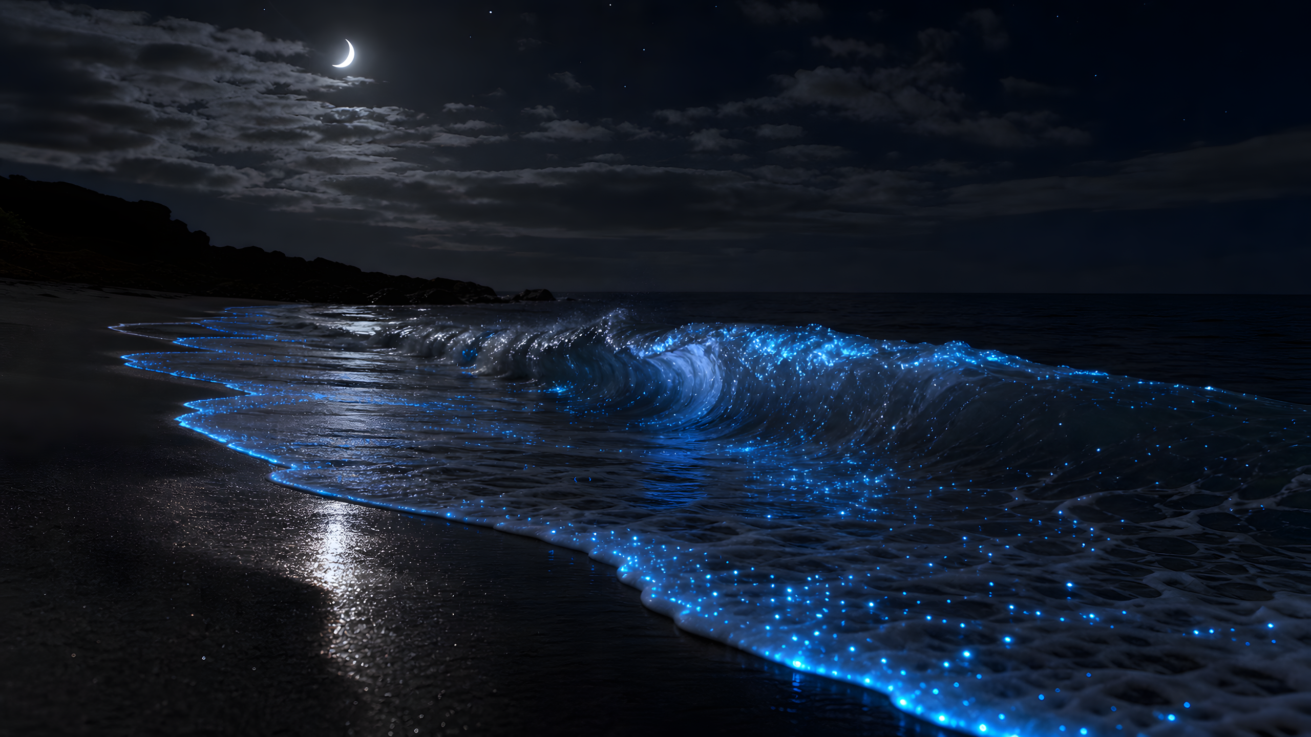 A small moonlit shorebreak curling onto black sand with restrained blue bioluminescent points and thin luminous foam edges, original 4K ocean wallpaper