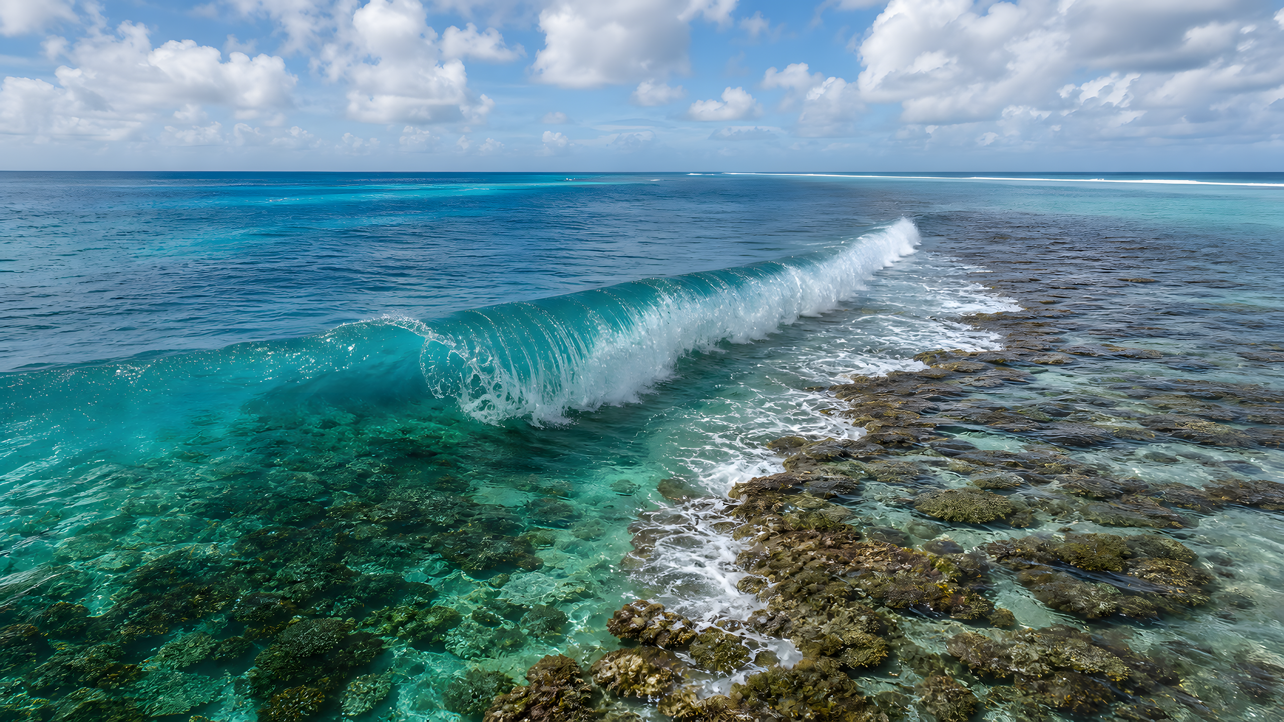 A clear aquamarine wave folding sideways over a shallow coral shelf beneath scattered trade-wind clouds, original 4K ocean wallpaper