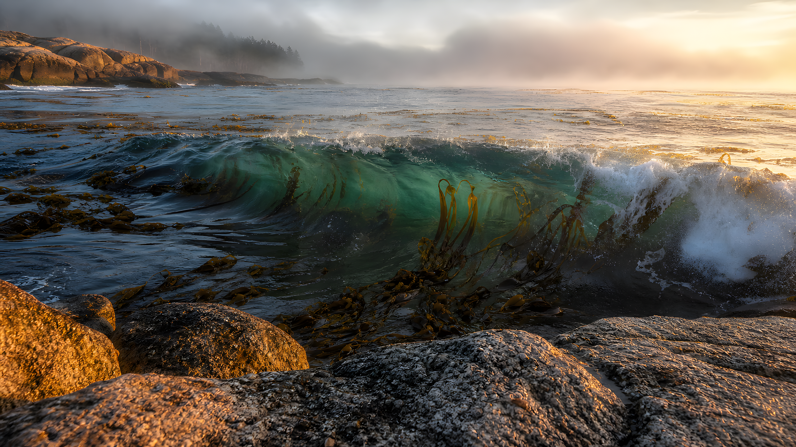 A compact emerald breaker surging through a cold-water kelp bed beside rounded granite shelves in low golden light, original 4K ocean wallpaper
