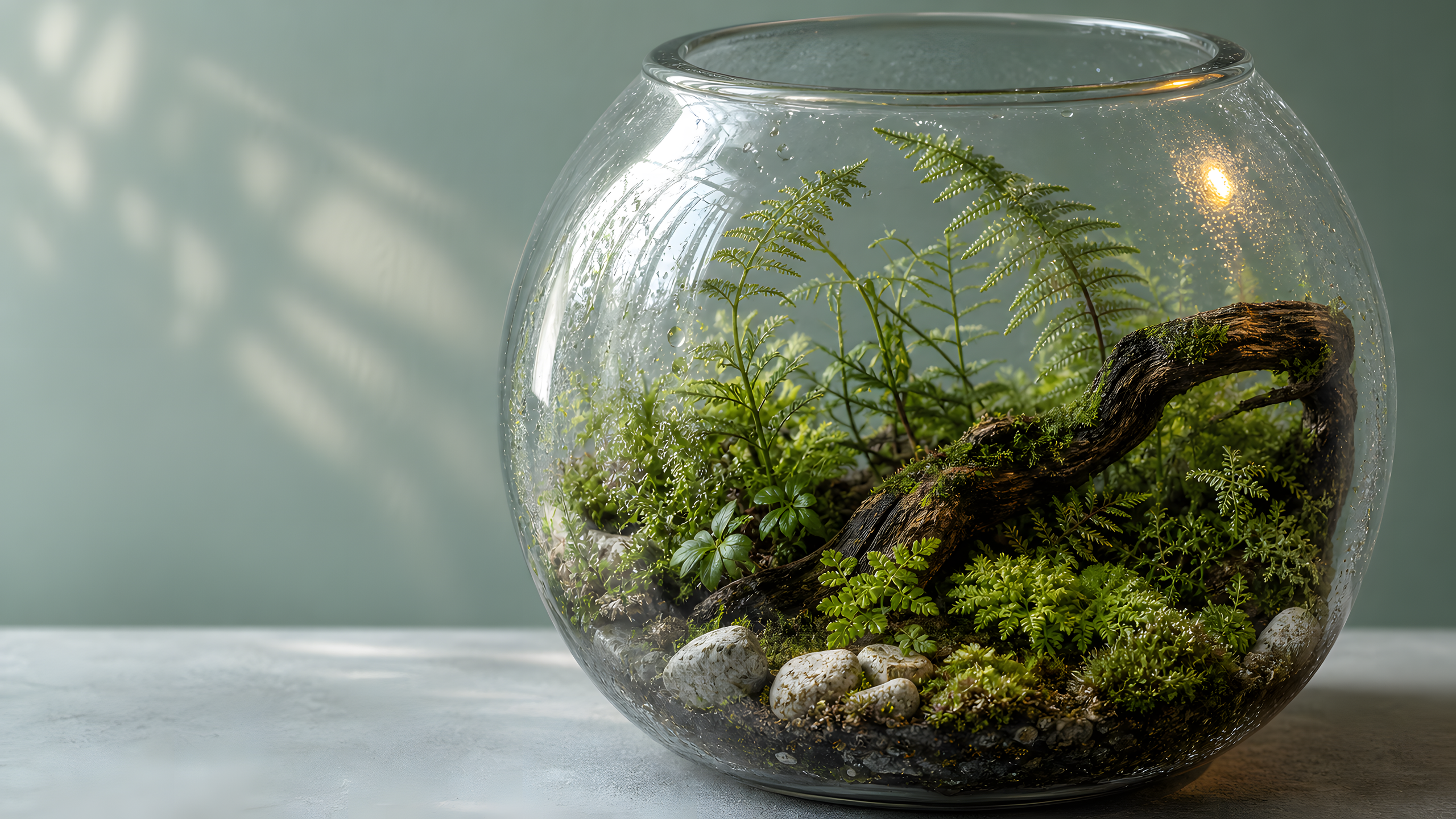A complete rounded glass terrarium holding a botanically believable miniature rainforest of fern, selaginella, cushion moss, pale stones and a twisting bark branch beneath condensation and late-afternoon skylight, original 4K pastel wallpaper