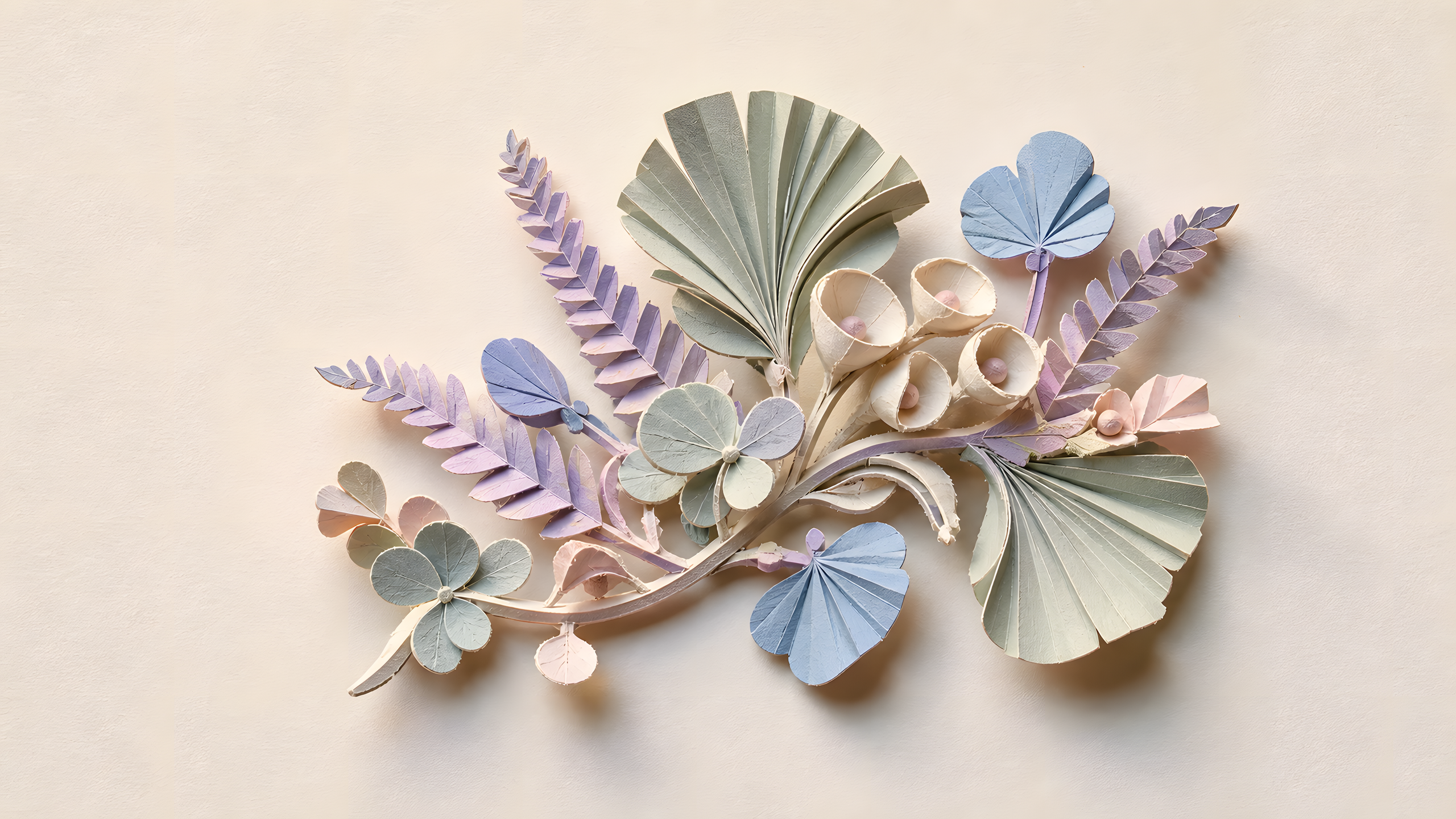 A complete original bas-relief of hand-cut pastel paper fan leaves, folded fern fronds, clover forms and curled seed pods, raised in separate tactile planes above warm ivory paper, original 4K pastel wallpaper