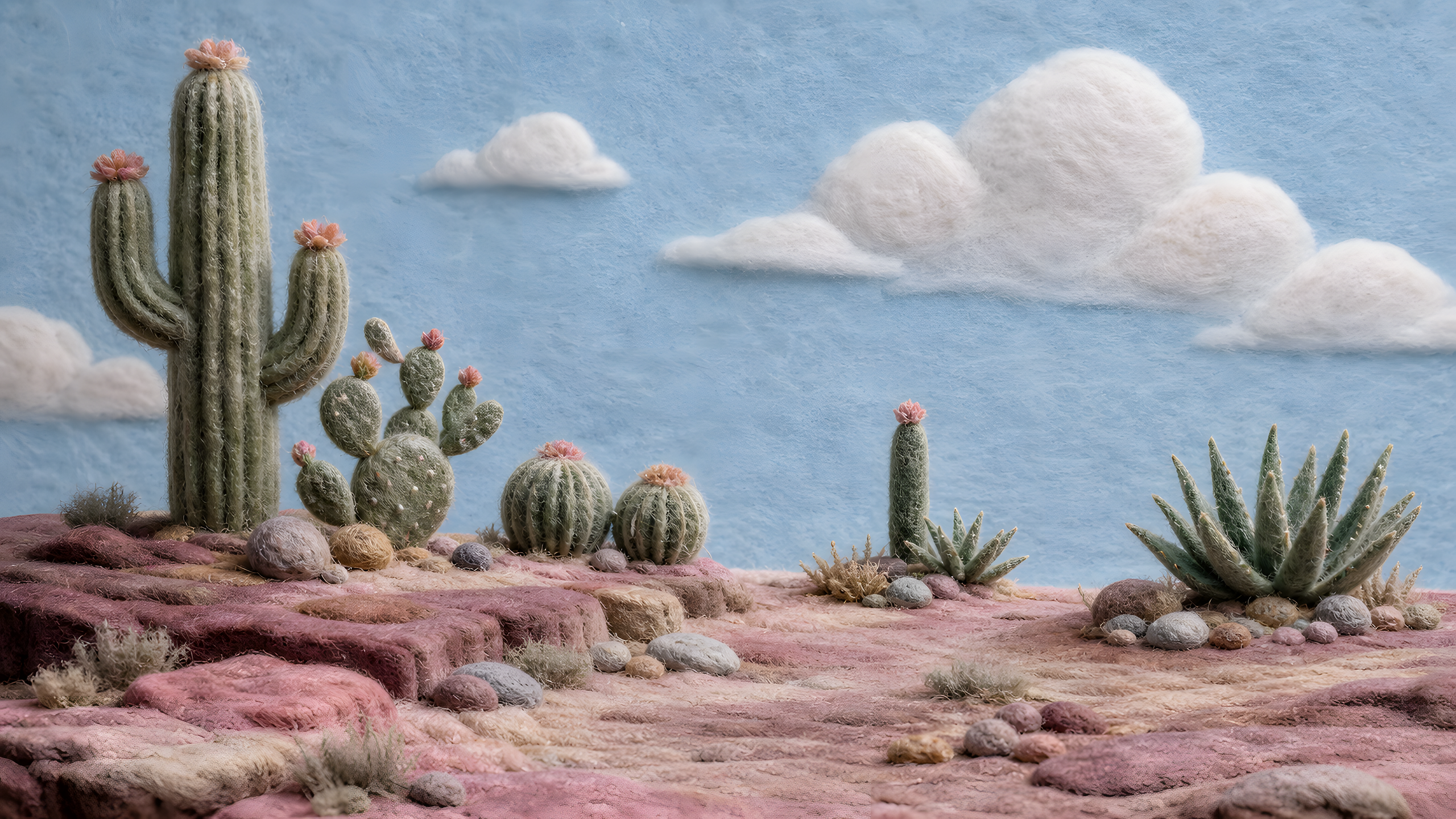 A cinematic miniature desert of needle-felted cactus forms, aloe, rounded stones, dusty-rose wool terrain and softly curved cloud forms, with every plant constructed as an object rather than a character, original 4K pastel wallpaper