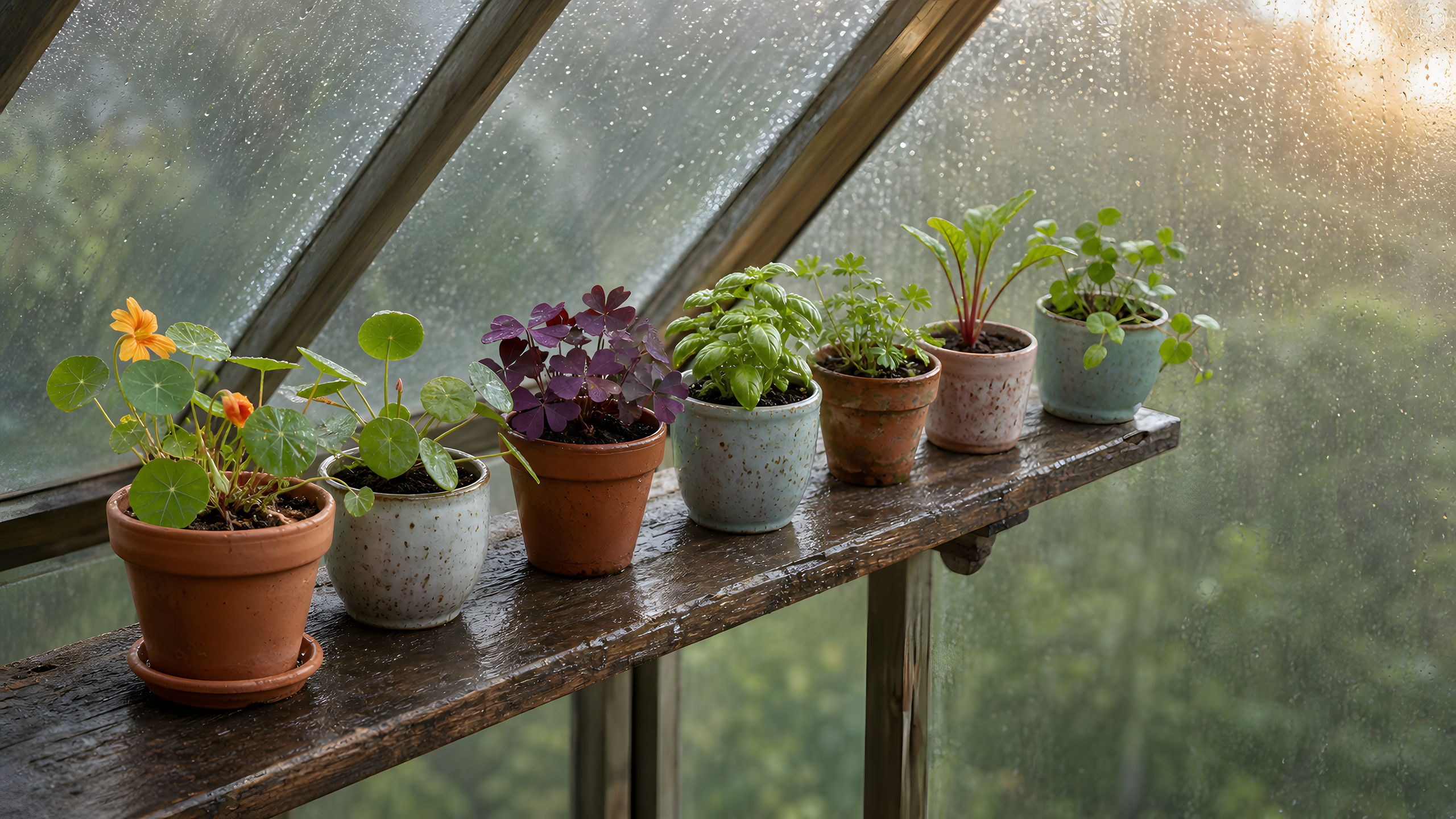 Seven complete unmarked terracotta and pastel pots holding botanically distinct nasturtium, pilea, purple oxalis, basil and tender seedlings on a wet timber greenhouse shelf, original 4K pastel wallpaper